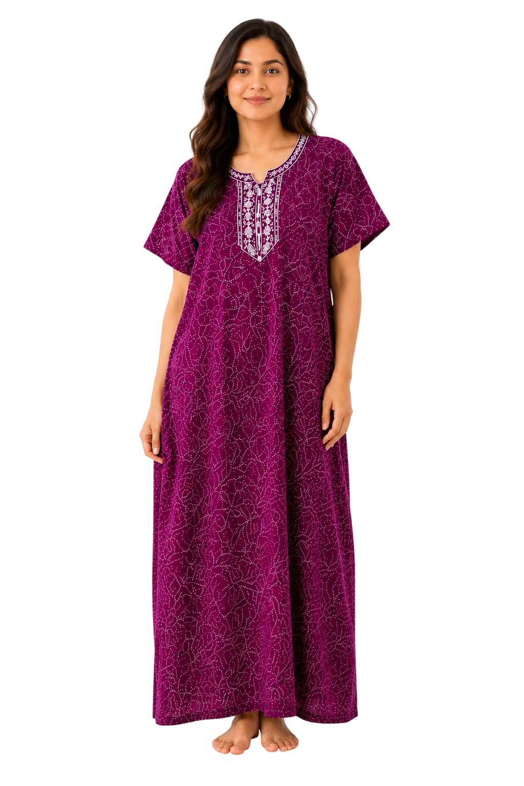 e - ezra Pure Cotton Hand Embroidery Nighty for Woman | Floral Gown for Women Nightwear with Pocket | Cotton Nighty for Women Stylish | Maxi for Women Cotton Free Size Purple-picture-28