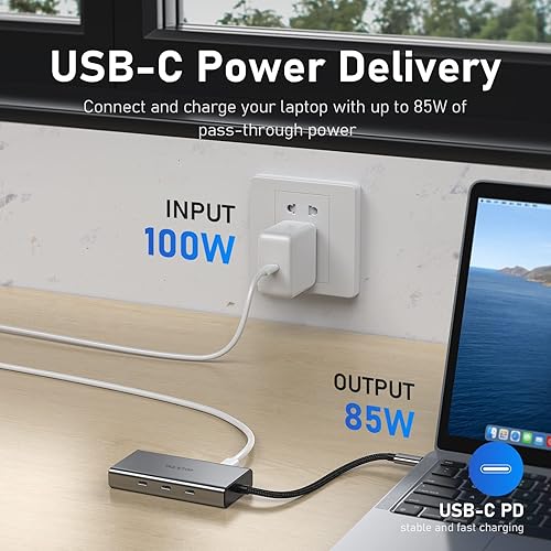Miniatura 6 de Hub USB C de 10 Gbps, adaptador PULWTOP USB 3.2 con 3 puertos USB-C 3.2, 4K 60Hz HDMI, Ethernet, 100 W PD in, divisor multipuerto de alta velocidad