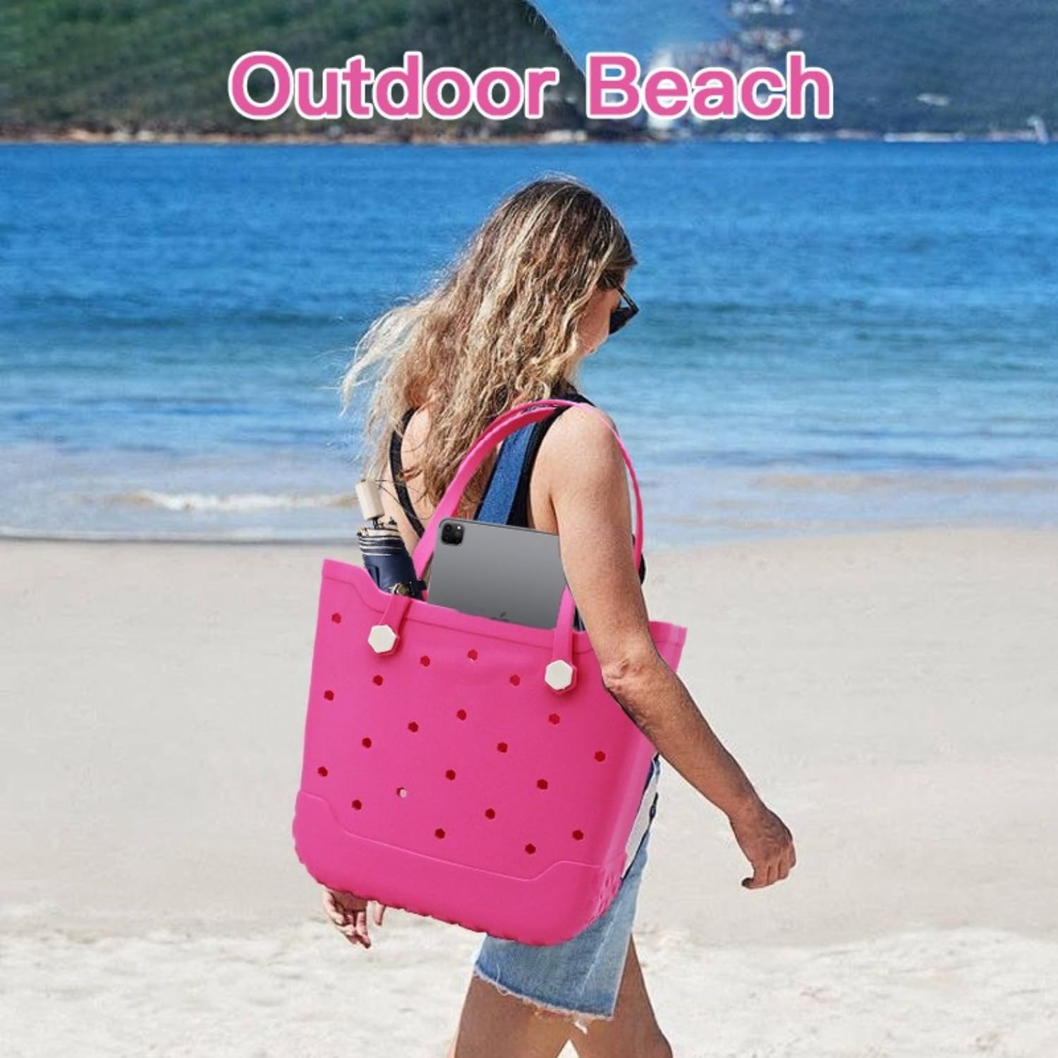 Sac fourre-tout de plage en EVA, grand sac étanche perforé, double poignée, fond antidérapant, 37 cm x 37 cm, bleu, parfait pour la plage et la piscine