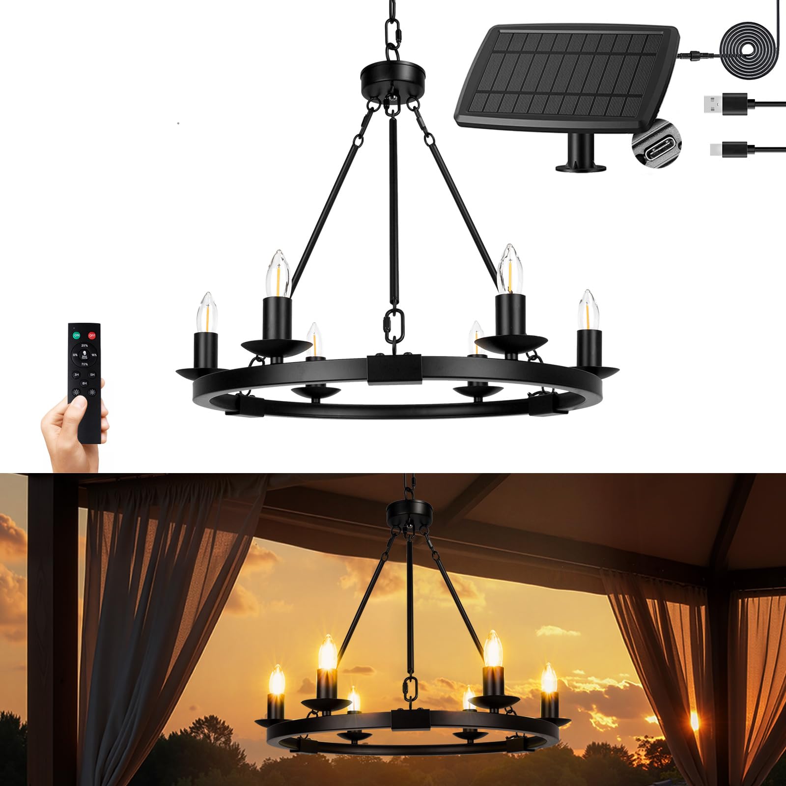 Photo 1 of ALL FORTUNE Solar Outdoor Chandelier, 6-Light 19" Chandelier Outdoor Waterproof Dimmable Hanging Pendant Lights, Farmhouse Style for Gazebo, Porch, Patio, Pergola, Decor Lighting