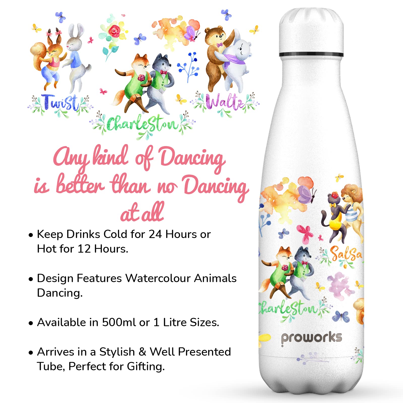 Proworks Performance Stainless Steel Sports Water Bottle | Double Insulated Vacuum Flask For 12 Hours Hot & 24 Hours Cold Drinks - Great For Home