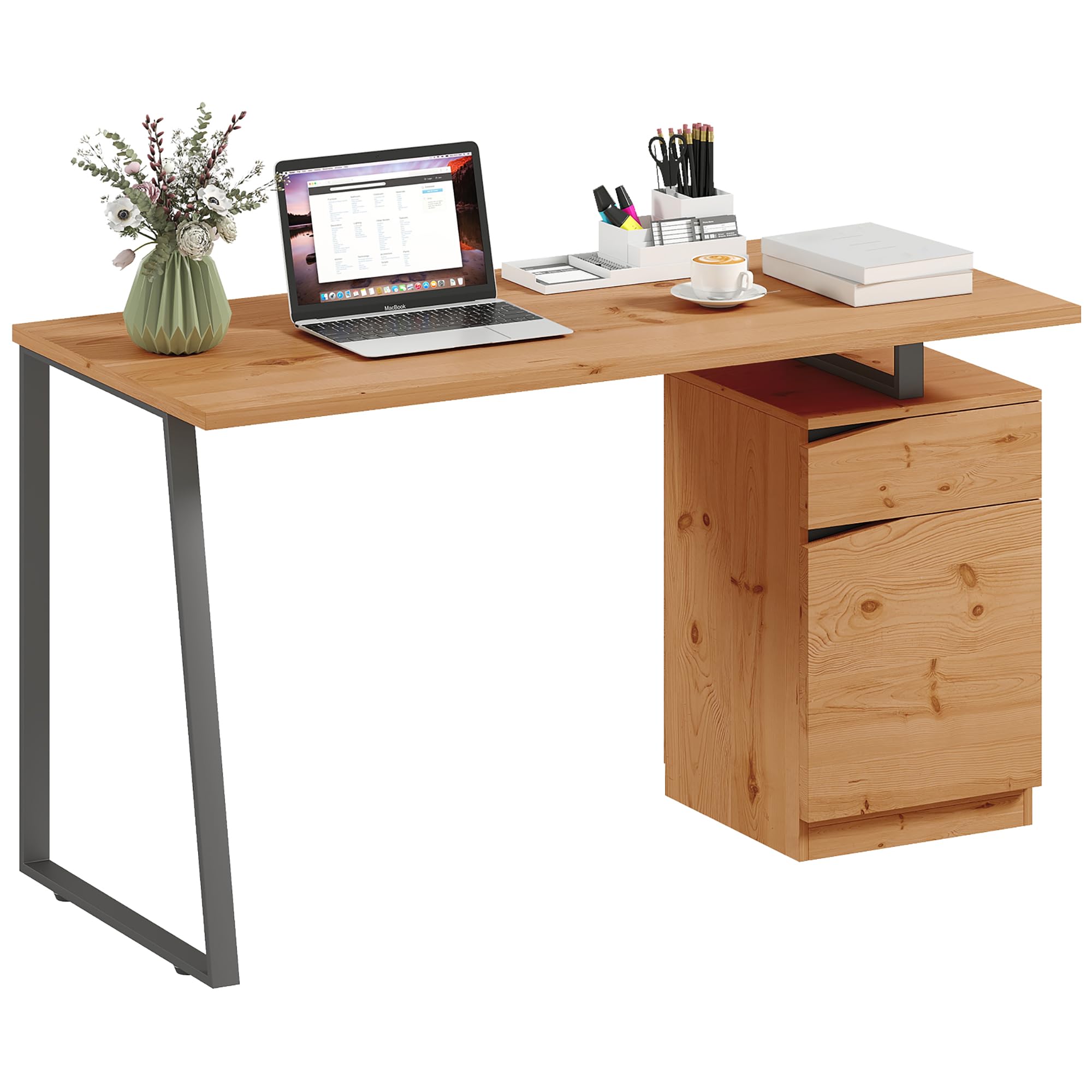 HOMCOM Computer Desk, Writing Table with Cabinet & Drawer, Natural