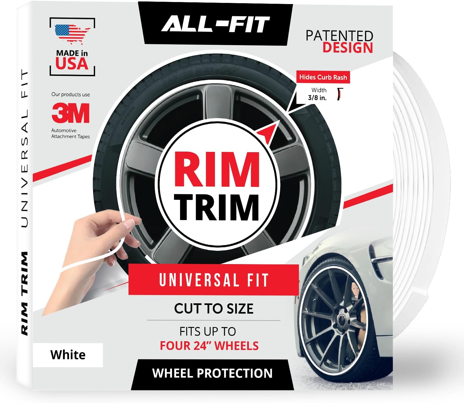 All-Fit Automotive Rim Trim – Durable DIY Car Exterior Accessories for Curb Rash Protection – Fits Up to Four 24" Wheels – Made in USA – Flexible, Durable Wheel Rim Protector (3/8″ Width - White)