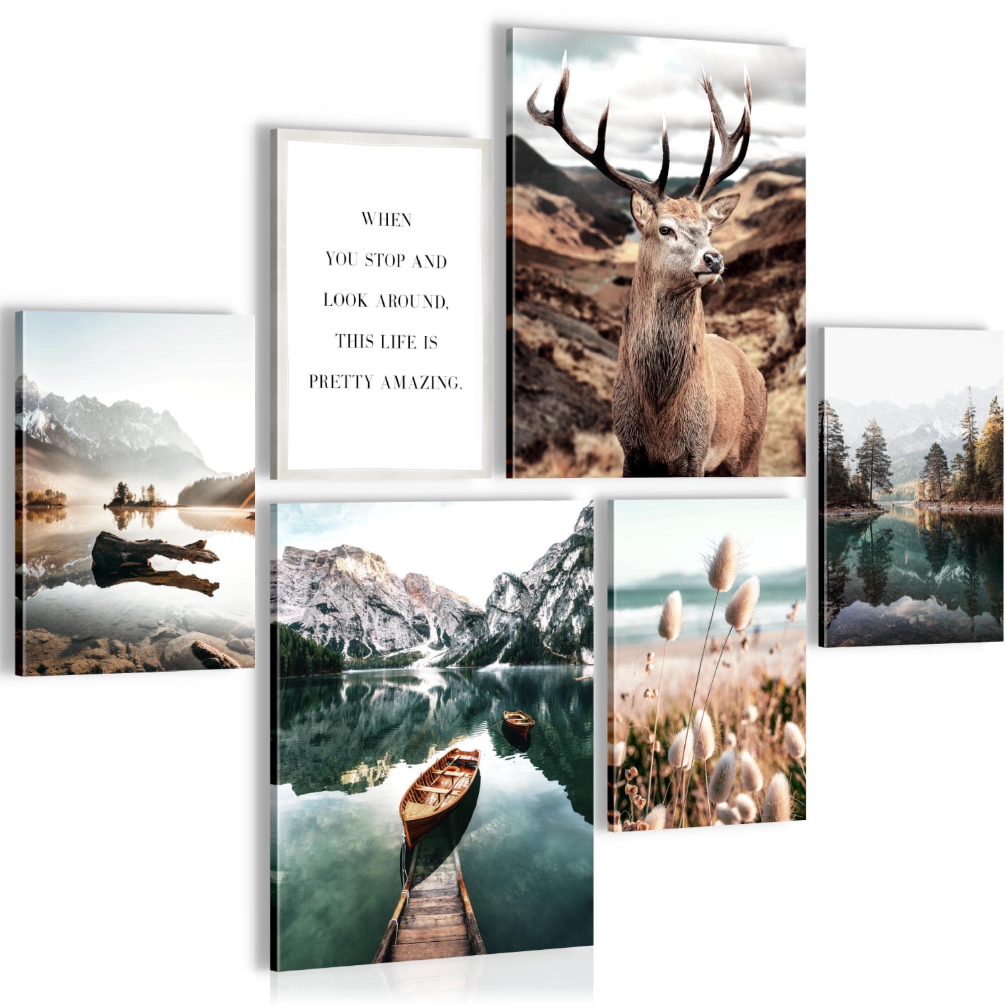 Novart Wandbilder Set Wald Hirsch Natur Berge - KEIN EXTRA RAHMEN BENÖTIGT - Modern Deko - Wohnzimmer Schlafzimmer N013263a
