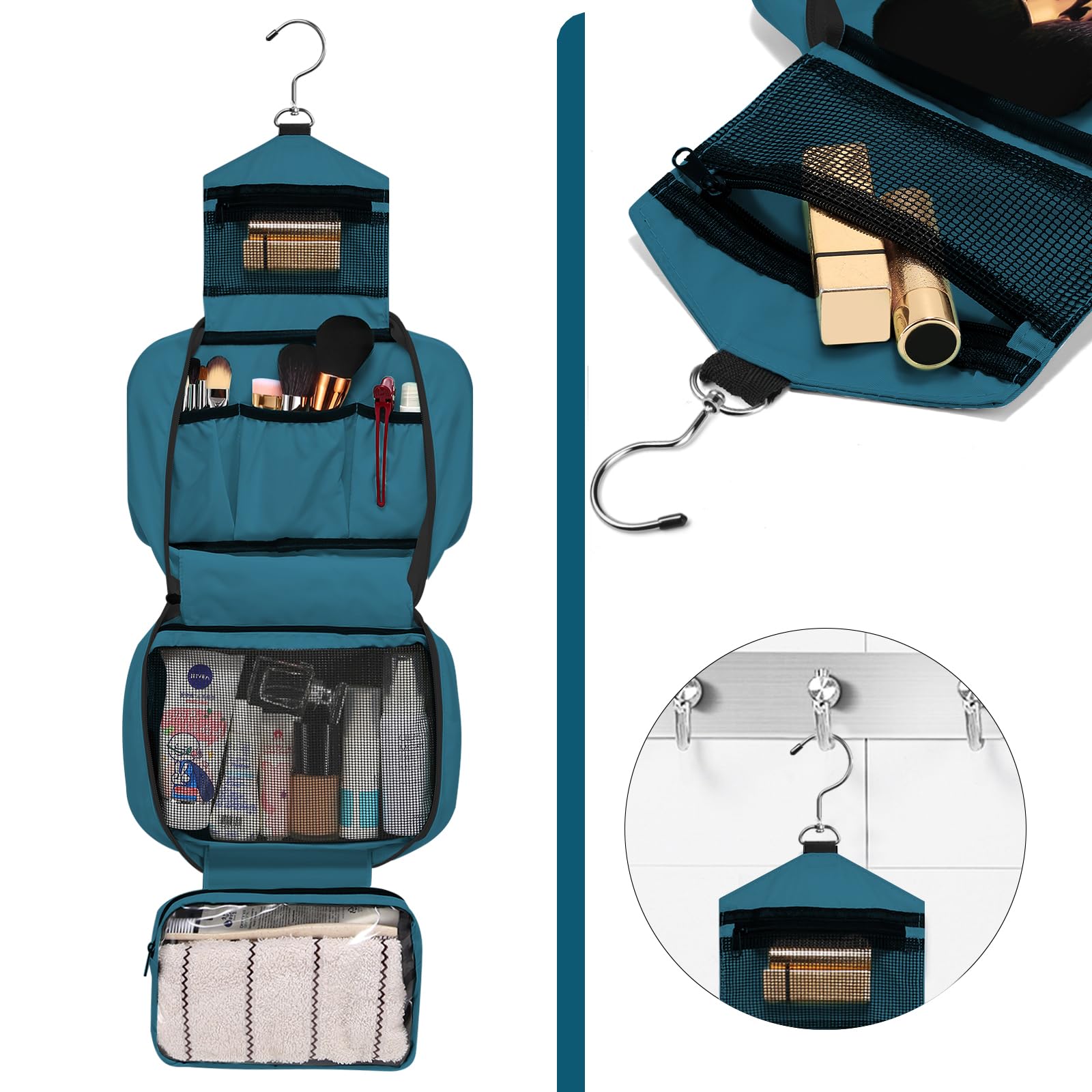 trousse de toilette à suspendre pour homme et femme, grande capacité, 4 compartiments, pliable et compact, vert émeraude, M