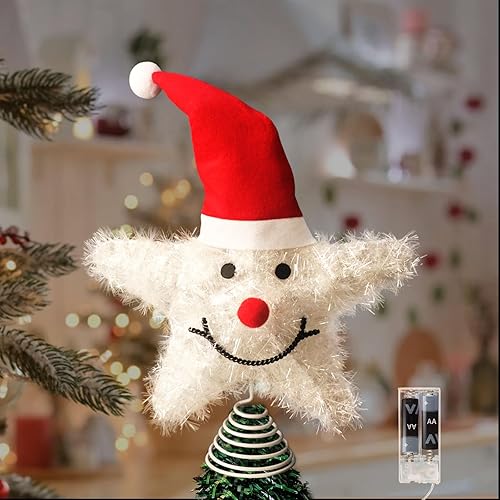 Decoración para árbol de Navidad, muñeco de nieve con 15 luces LED blancas cálidas, parte superior para árbol de Navidad de 9.8 pulgadas, requiere