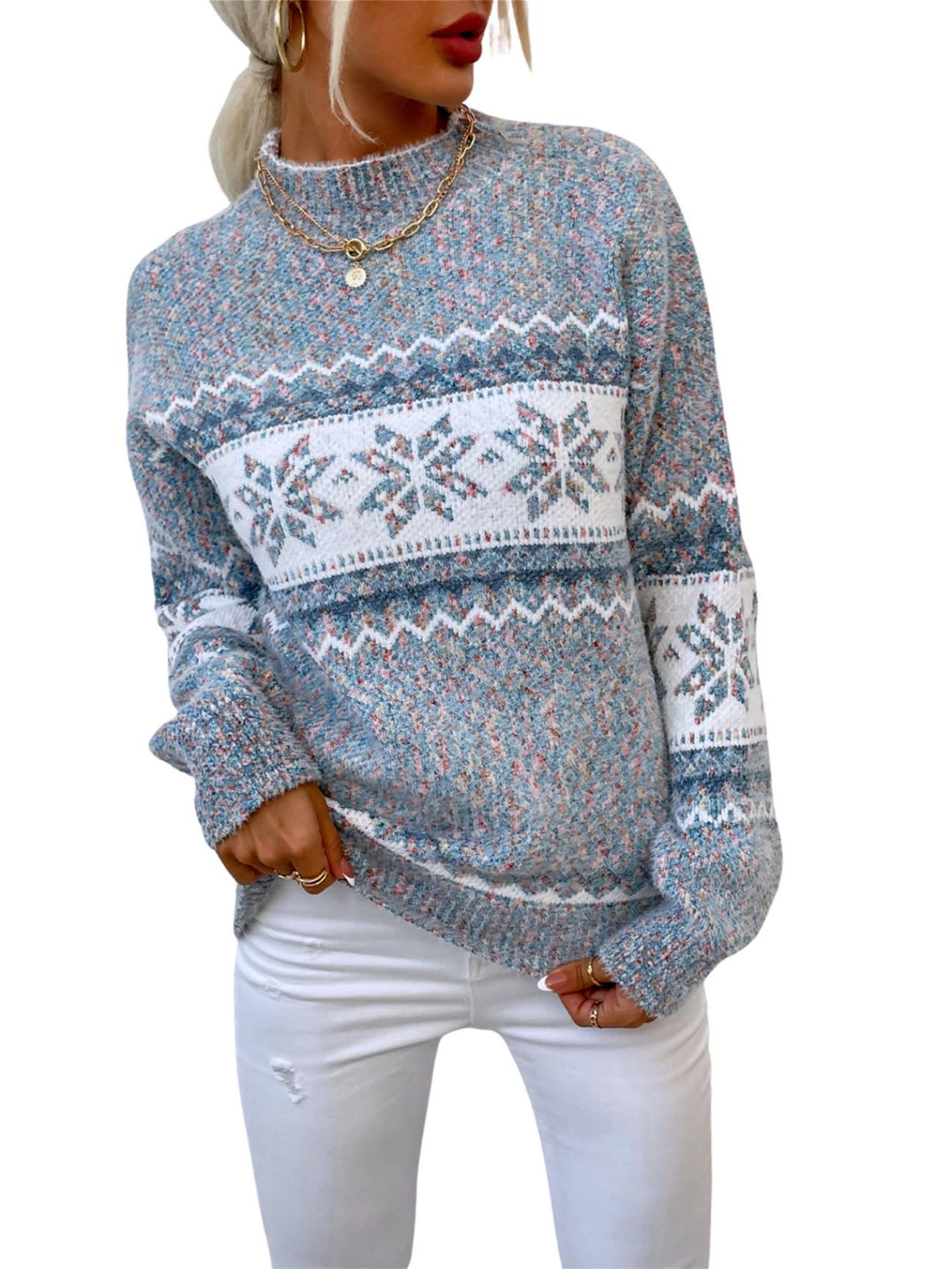 Womens Snowflake Christmas Sweater Warm Knitted Winter Pullover Crewneck Tops Long Sleeve Christmas Party Sweater