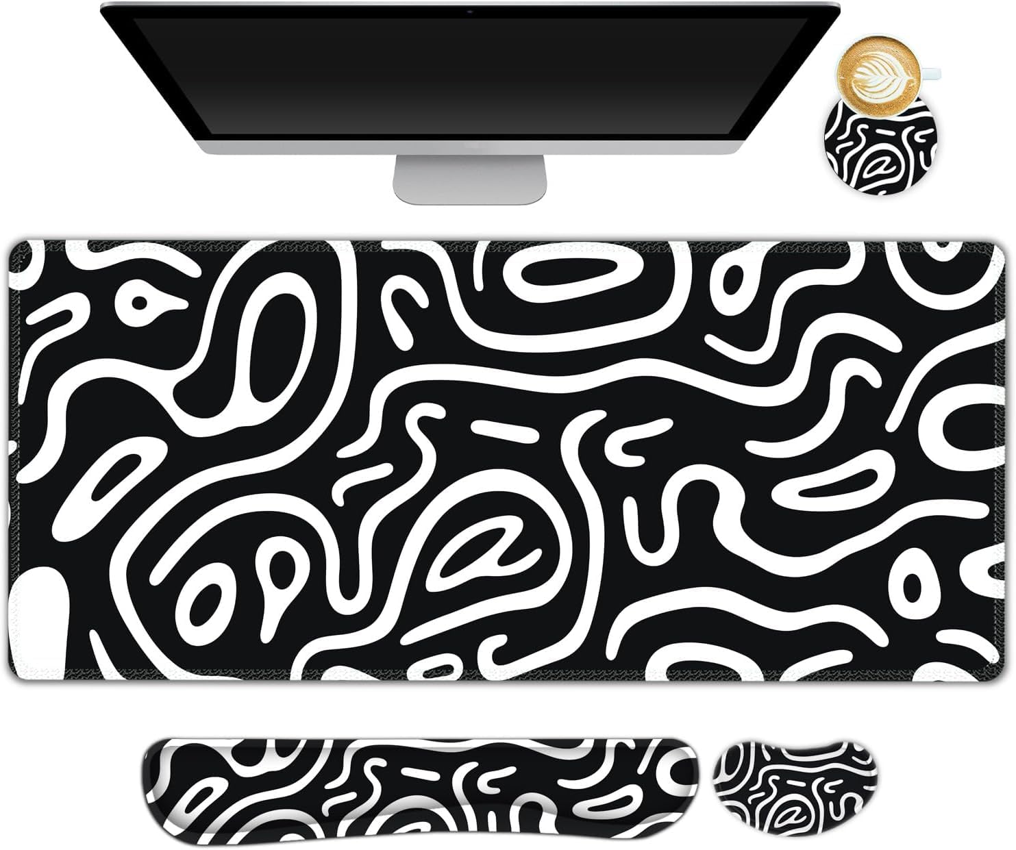 NXZGO Large Gaming Mouse Pad Set, 4 in 1 Extended Keyboard Desk Mat with Wrist Rest, Computer Game Mousepad, Non-Slip Desk Pad Easy Typing Pain Relief for Home Office I Black White Topographic