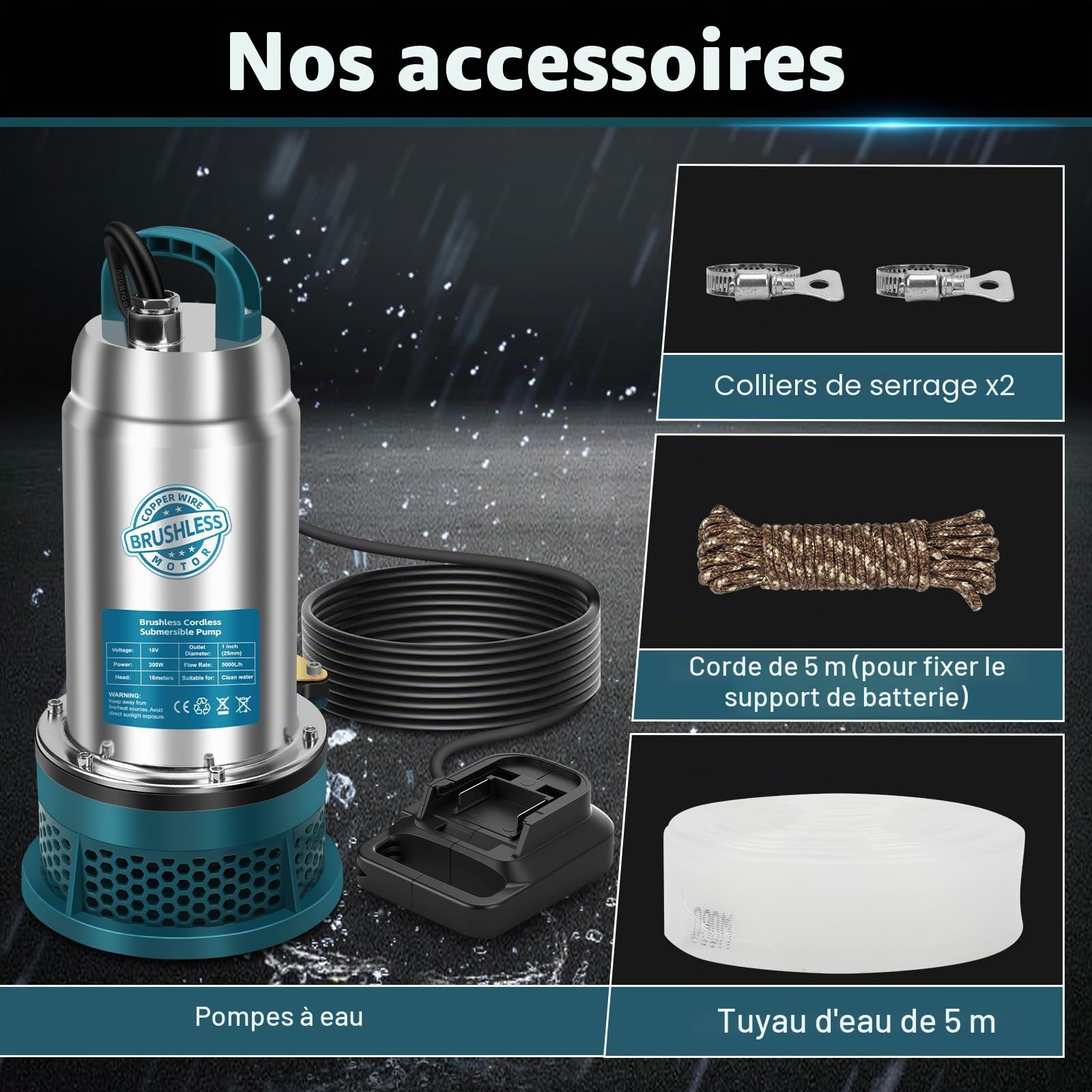 Pompe submersible compatible avec batterie Makita 18 V (pas de batterie), pompe à eau sans fil 5000 l/h avec tuyau de 10 m, câble de connexion de 5 m, idéal pour piscine, lit à eau, arrosage de jardin