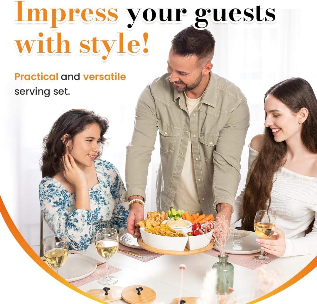 Chip and Dip Serving Set | Rotating Bamboo Lazy Susan Appetizer Tray with Black Handles | White Ceramic Bowls with Bamboo Lids | Divided Round Party Platter | Giftable