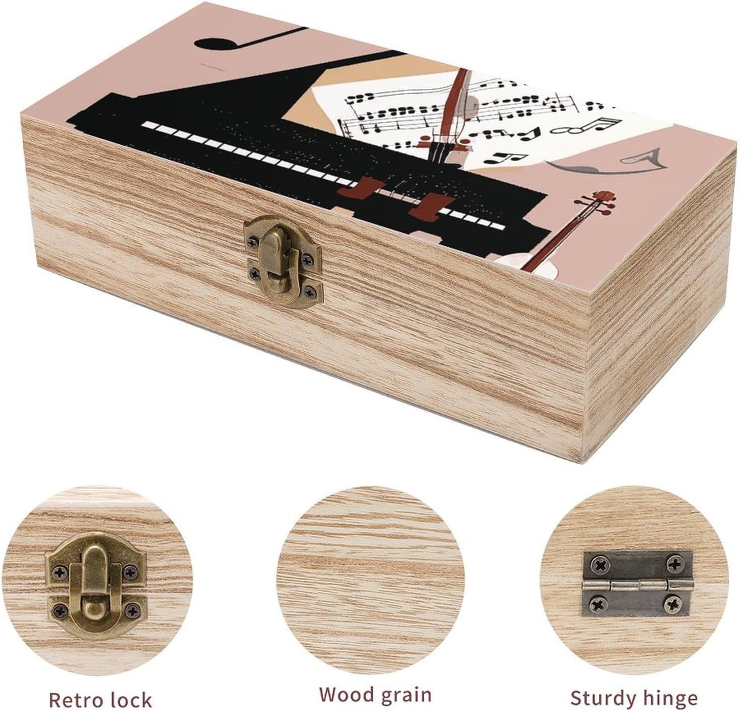 Piano Violin Music Notes Wooden Storage Box With Hinged Lid Keepsakes Box Memory Boxes Gift Jewelry Box For Keepsakes Photos Crafts Stamps image 3