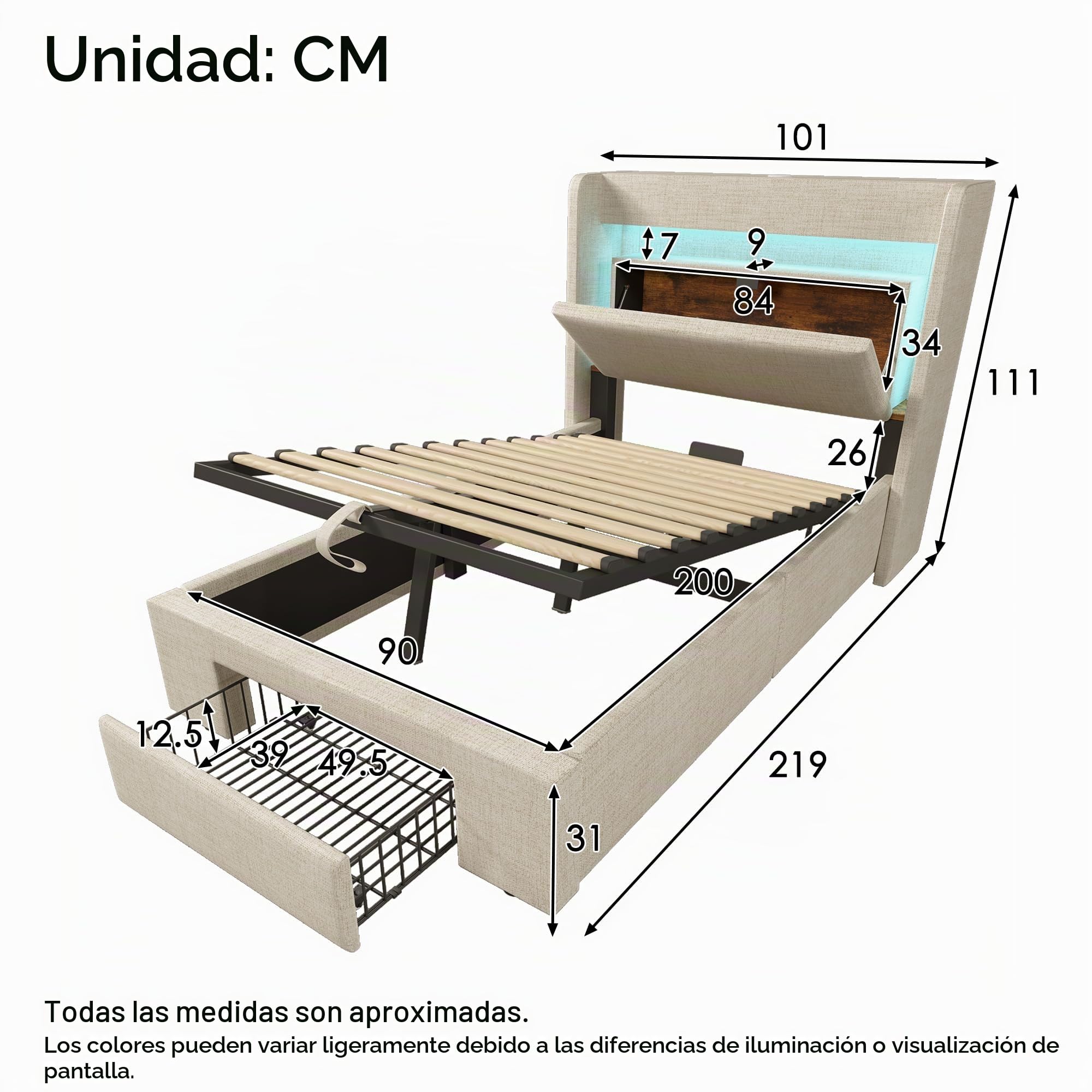 Cama 90x200 cm Camas Juveniles con USB y LED, Cama Individual Tapizada con Almacenamiento Abatible y Cajón, Camas Infantiles Individuales con Almacenaje Hidráulico, Lino, Sin Colchón, Beige