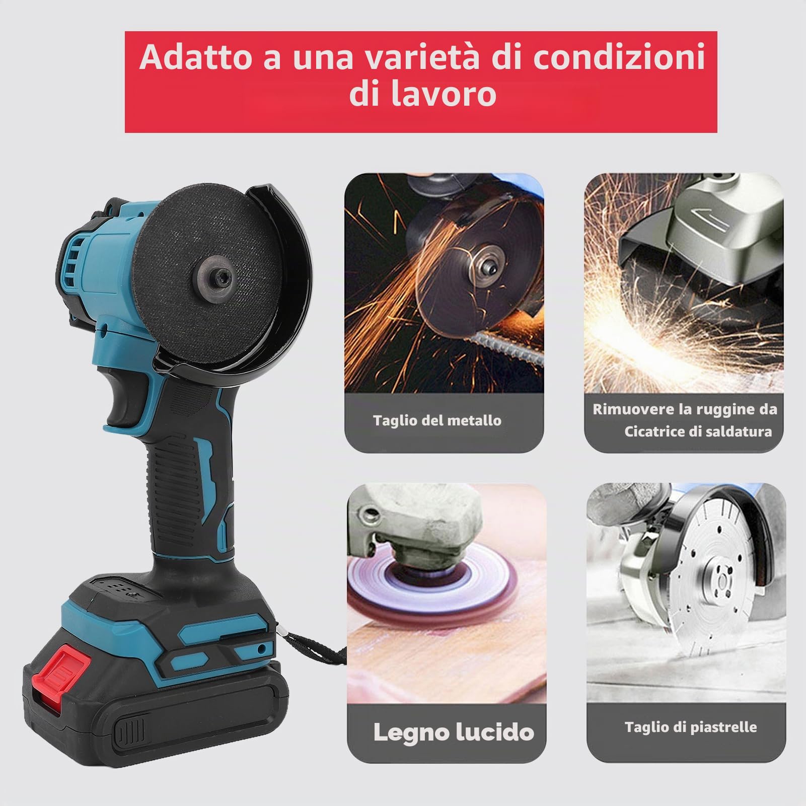 Mini-smerigliatrice angolare, senza fili, 21 V, utensile elettrico per lucidatura con 2 batterie ricaricabili, multifunzionale, con 7 dischi per mattoni, legno e acciaio