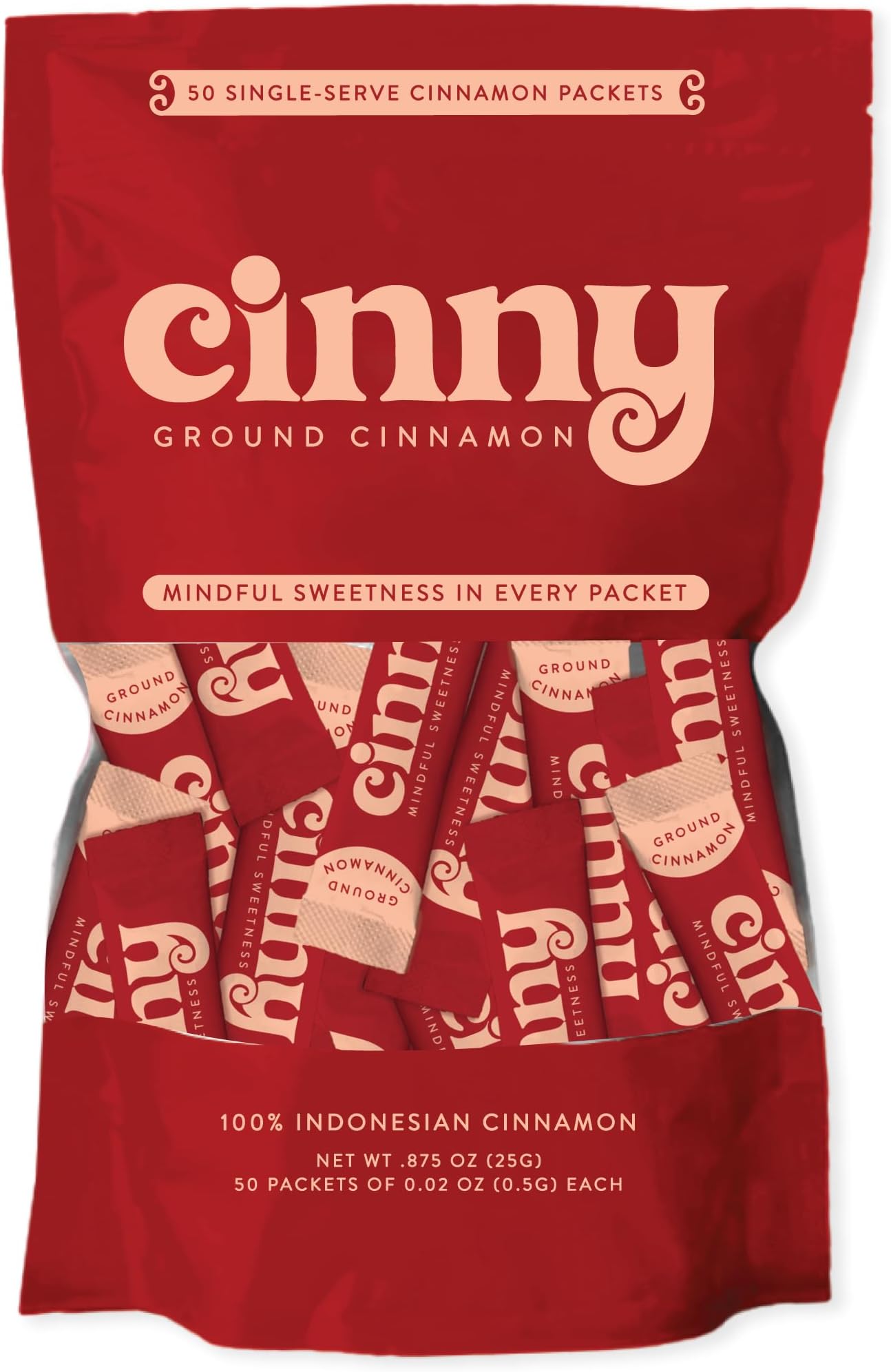 CINNY, 50 Single-Serve Packets Ground Cinnamon - .02 oz Packets of Pure, Ethically Sourced, Indonesian Cinnamon, Perfect for Coffee, Tea, Smoothies, Fruit and Snacks