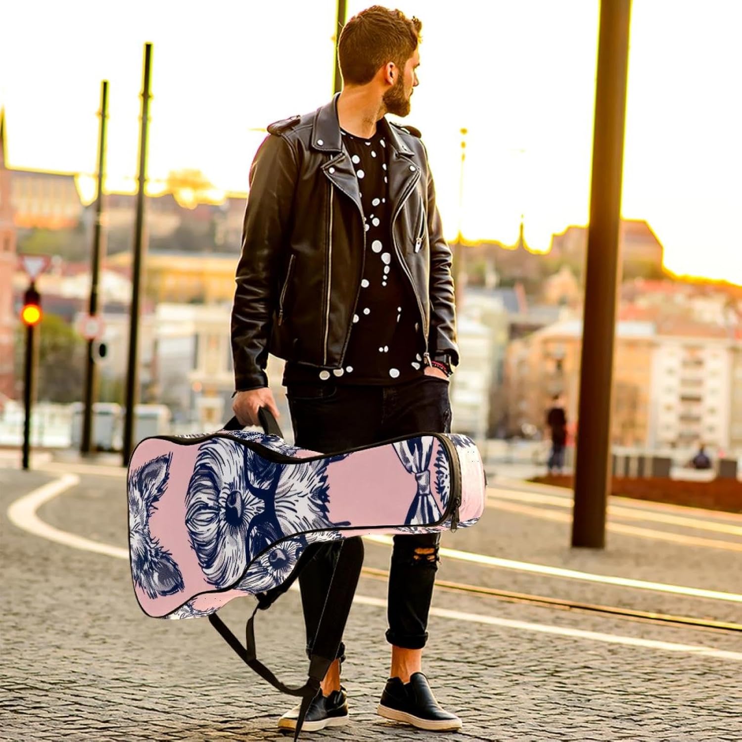40 41 42 Inch Guitar Bags, Waterproof Padded Acoustic Guitar Case Backpack with Adjustable Shoulder Strap & Pockets, Dog Bows Glasses Tie on Pink Background