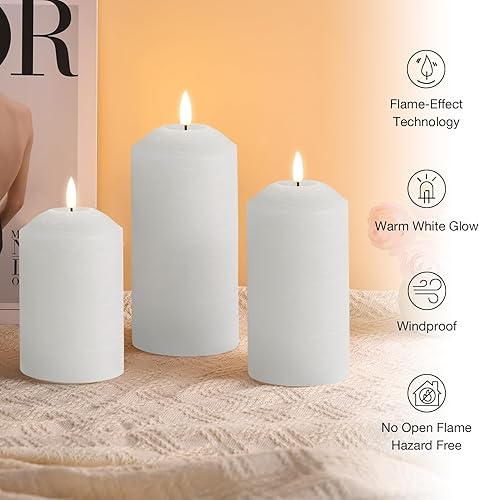 Miniatura 4 de Eywamage Velas de pilar sin llama blancas con control remoto, velas LED parpadeantes con batería, cera real, juego de 3