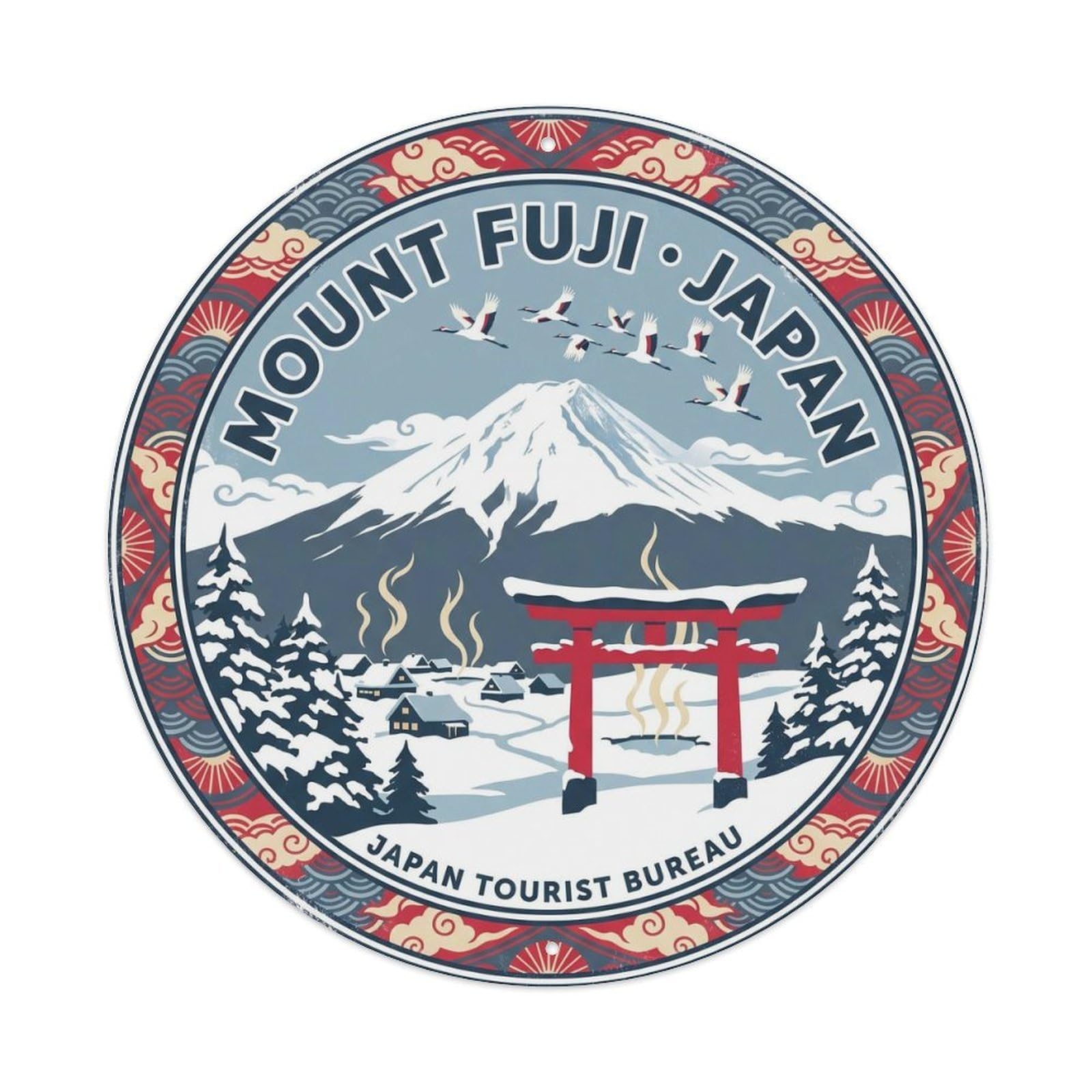 Mount Fuji Winter Snow Village Onsen Travel Journey Metal Tin Sign