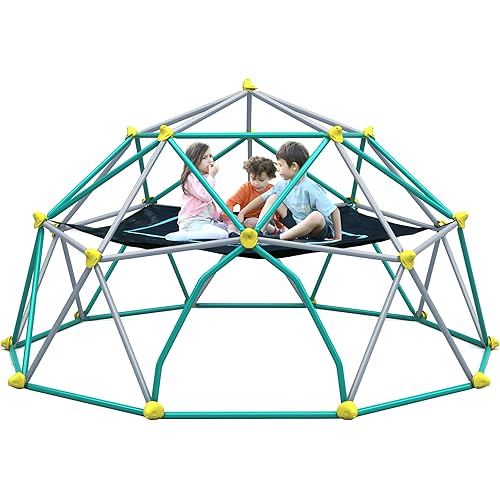 13 FT Climbing Dome with Play Canopy for Kids 3-10, Outdoor Play Equipment Supporting 1000 lbs, Anti-Rust Jungle Gym, Easy Assembly Geometric Dome Climber Play Center (Blue & Silver)