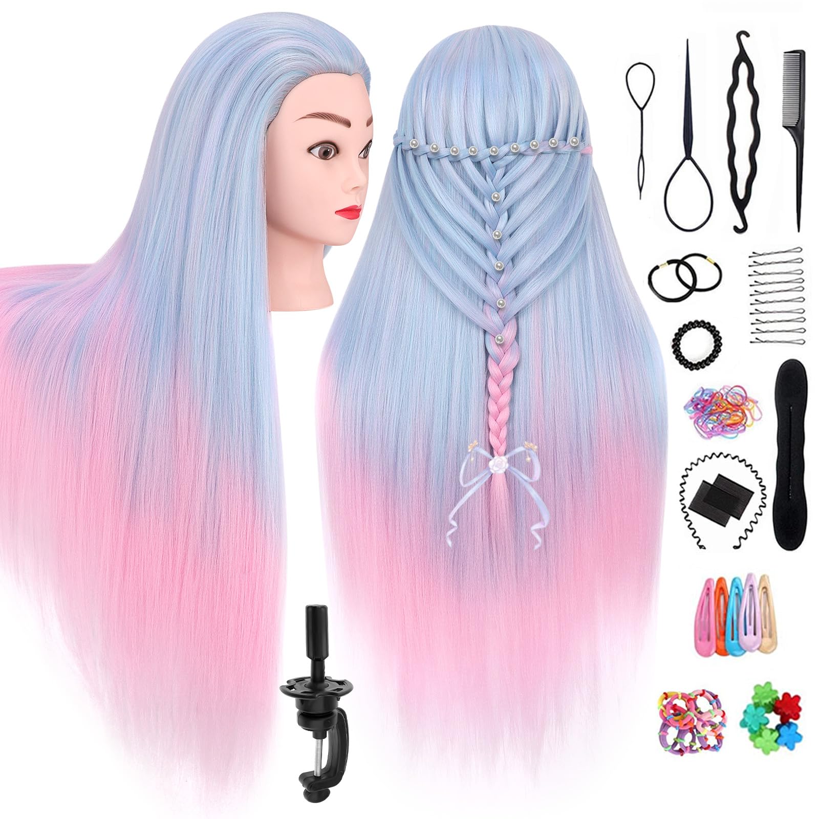Cabeza de Maniquí de Peluquería, TopDirect 29"/75cm Cabeza Maniquí 100% de Cabello Sintética Cabeza de Muñeca para Peinar y Maquillar Practicas Formación con Soporte de Mesa y Accesorios(Rosa Violeta) — view 10