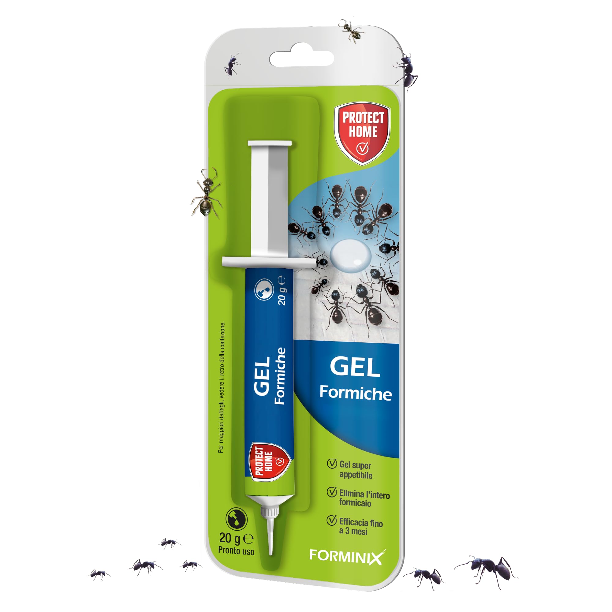Protect Home Forminix gel. Insetticida per formiche pronto uso. Efficace, elimina il nido in breve tempo. Per interni ed esterni. 20 g - 2