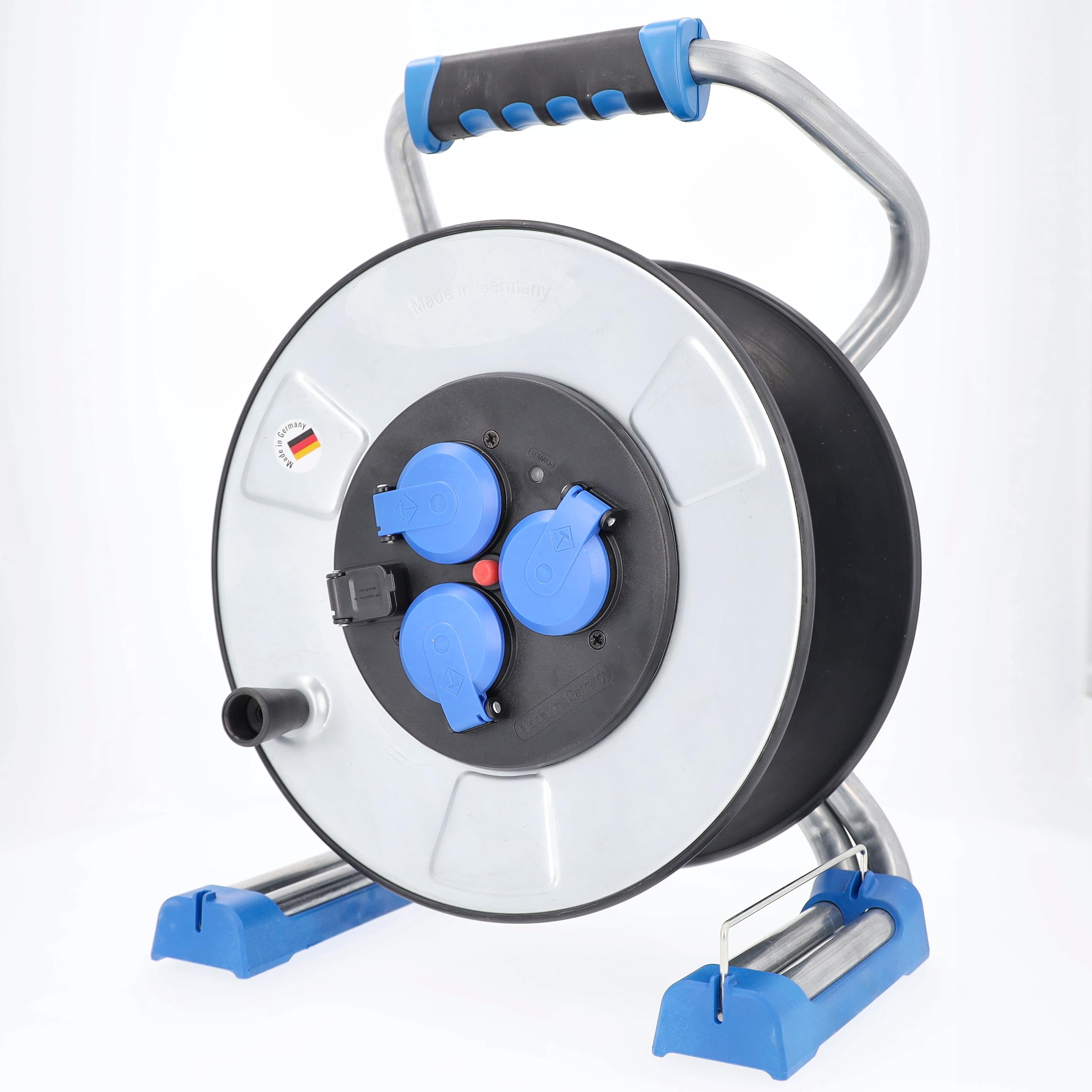 as ‑ Schwabe IronCoat Xperts carrete de cable vacío, para aprox. 50 m de cable, exterior IP44, 3 tomas de corriente con toma de tierra, USB, protección contra descargas eléctricas, Made in Germany