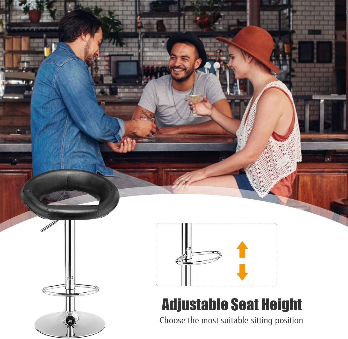 COSTWAY Bar Stools, Set of 4 Modern Swivel Adjustable Barstool, PU Leather Backless Stools, with Chrome Plated Footrest and Base, for Kitchen, Bistro, Pub, Black