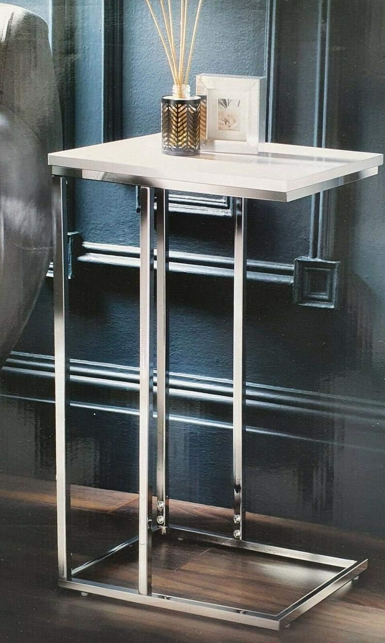 INDIAN DECOR. 45345 White High Gloss Stainless Steel C-Shaped End Table Sofa Side/Coffee Narrow Tables