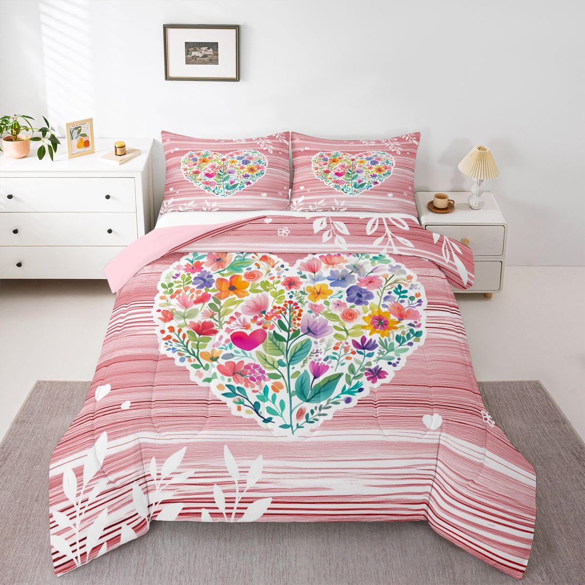 Erosebridal Pink Valentine King Bedding Set Love Heart Flowers Comforter Set for Kids Girls Romantic Floral Heart Shaped Comforter Geometric Stripes Cottagecore Duvet Insert