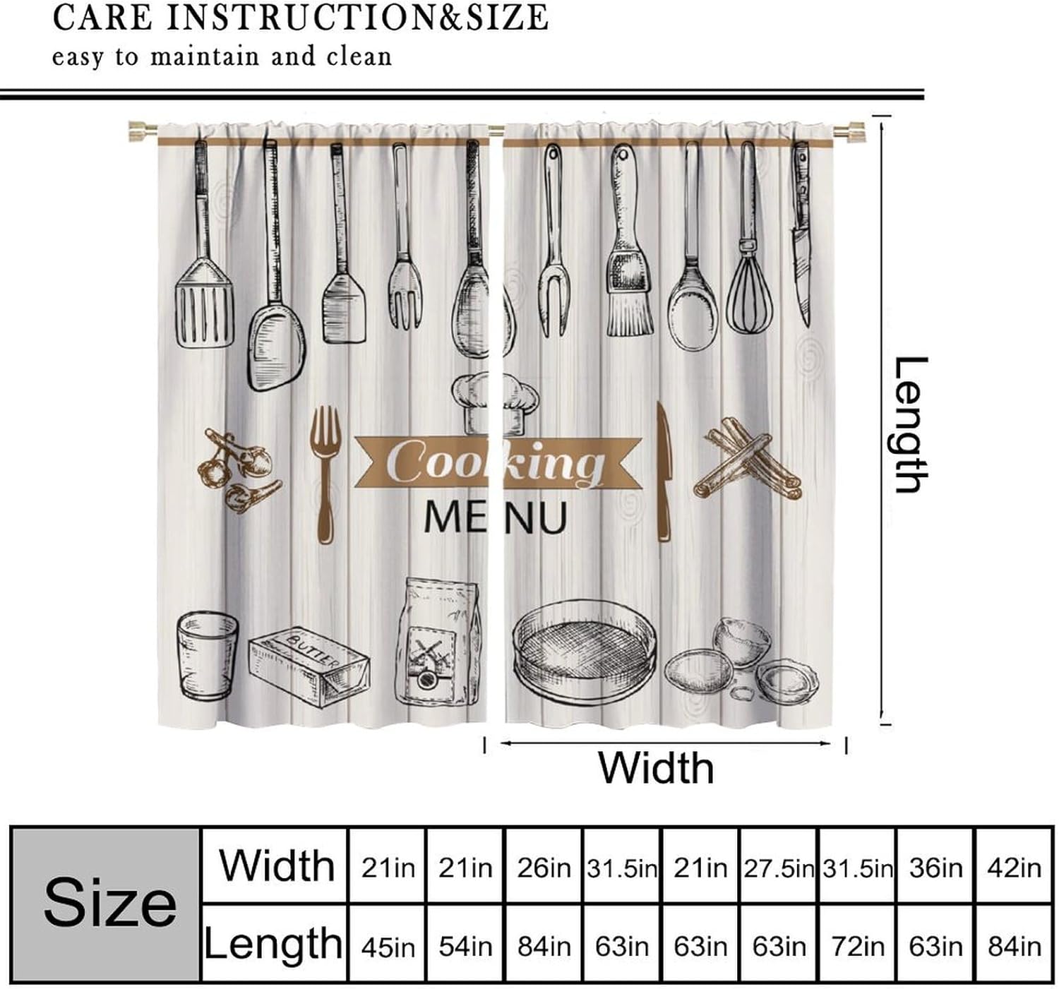 Farmhouse Kitchen Curtains, Rustic Country Fork Spoon Wooden Board Retro Vintage Wood Printed for Living Room Bedroom Window Drapes Set 2 Panels,42x63 Inches