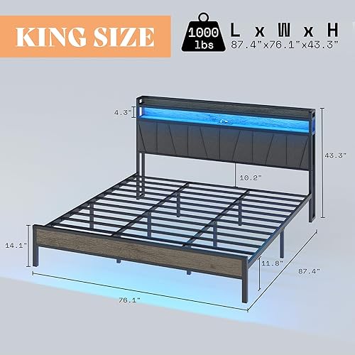 Miniatura 8 de AMERLIFE Base de cama LED de tamaño matrimonial con estación de carga y luz LED RGBW, cabecera de almacenamiento tapizada de lino, listones de metal