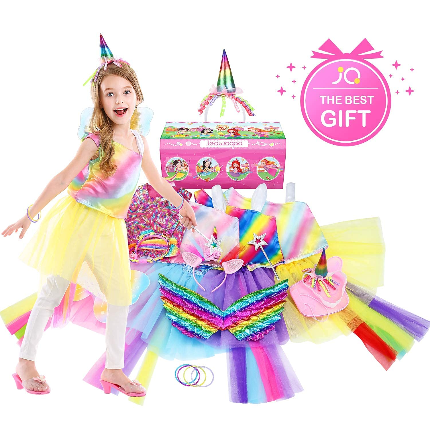 Jeowoqao Girls Princess Dress up Trunk Set 19 Pcs, Rainbow Unicorn