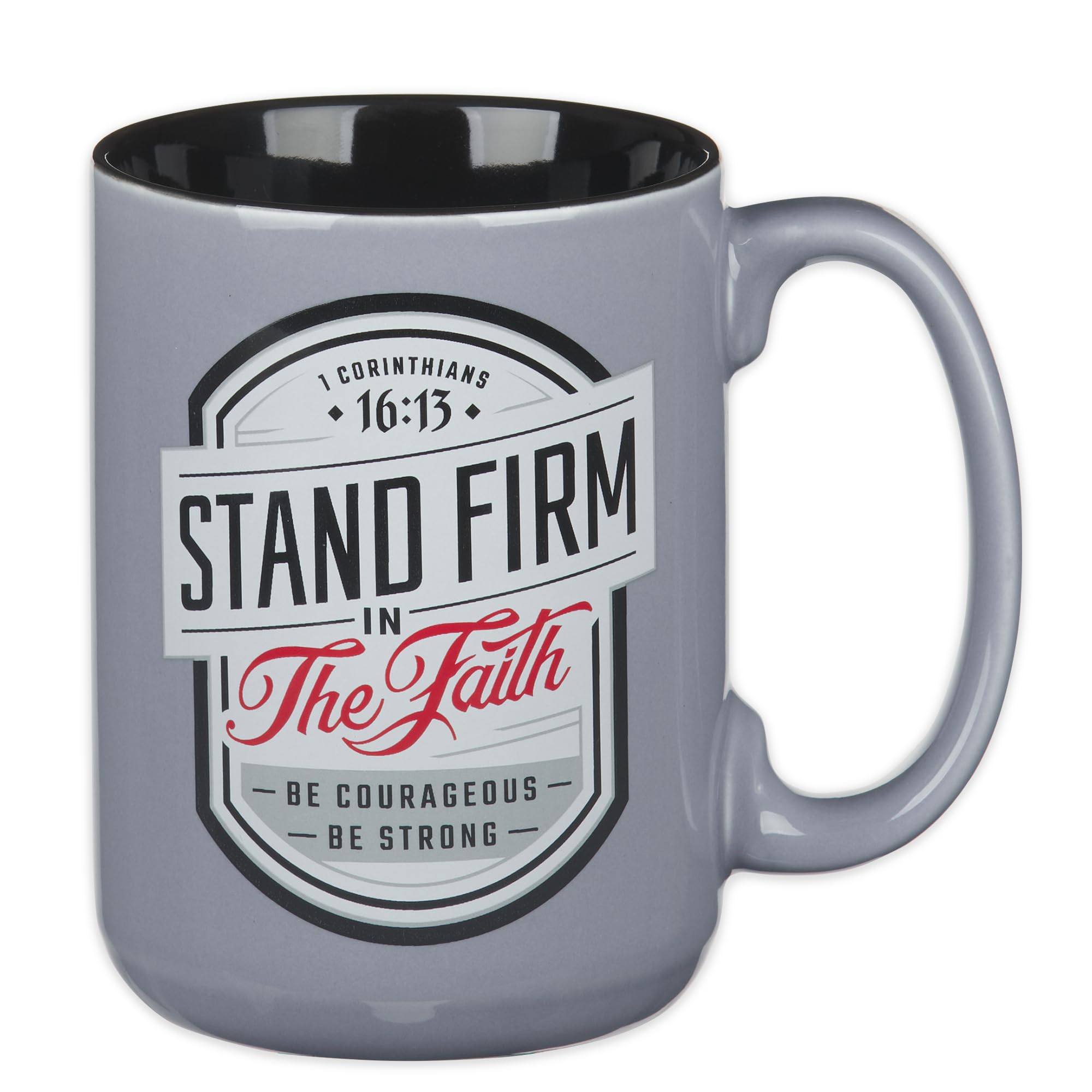 Large Ceramic Inspirational Scripture Coffee & Tea Mug for Men & Women: Stand Firm Encouraging Bible Verse, Microwave & Dishwasher Safe Non-toxic Hot/Cold Cup, Gray & Black, 14 oz.