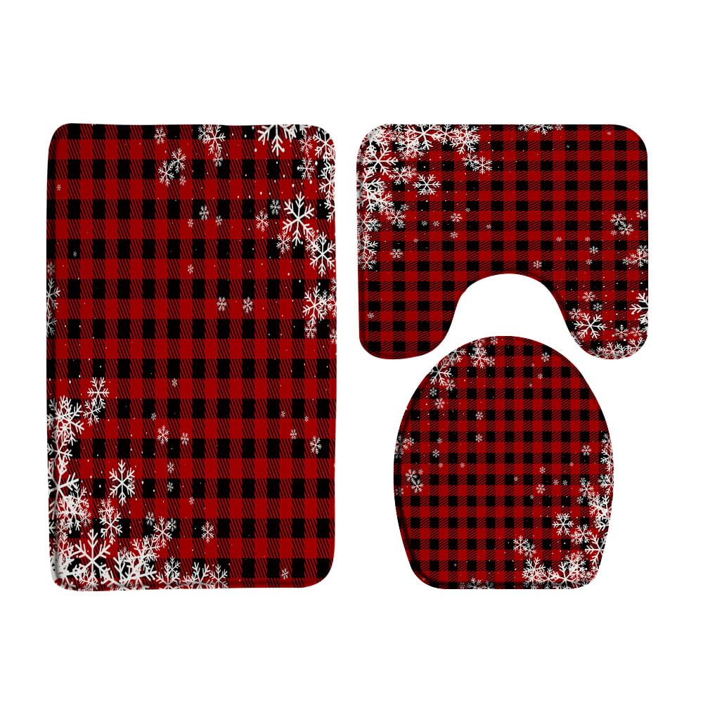 Sunhe 3 Piece Merry Christmas Bath Mat Sets Red Black Buffalo Plaid Snowflake Vintage Rustic Farmhouse Winter Holiday Festival Bathroom Rug, Toilet