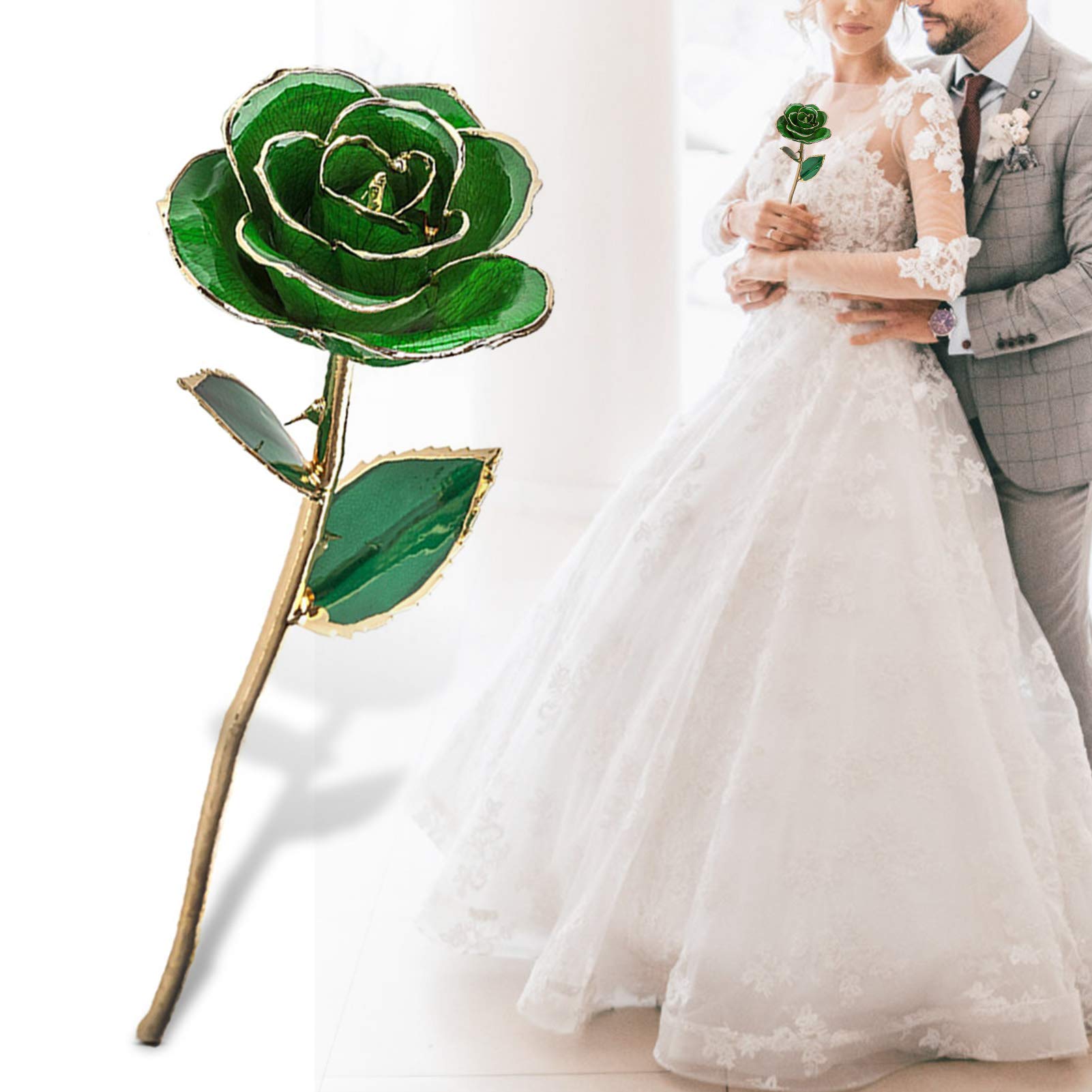 LiebeWH Fiore di Rosa Verde per Sempre Rosa Immersa Placcata in Oro 24k con Decorazioni Artigianali a Foglia e Base