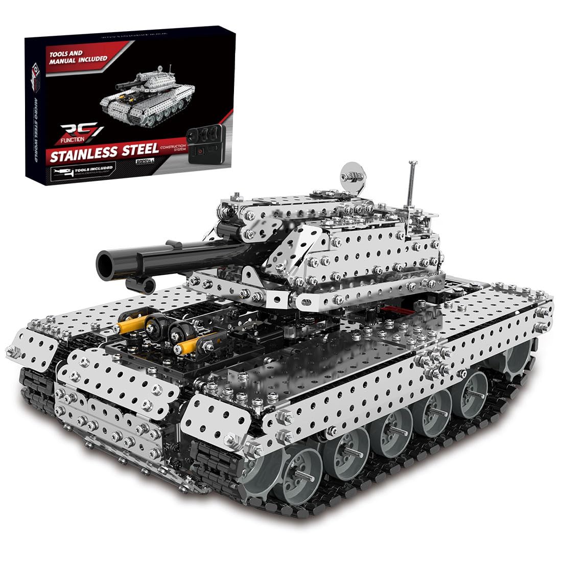 Cubertime RC Metal Tank Model Kit, 12CH with Launchable Turret for Adults, 3D Mechanical Puzzle Collector Grade Stainless Steel Construction (1715PCS)