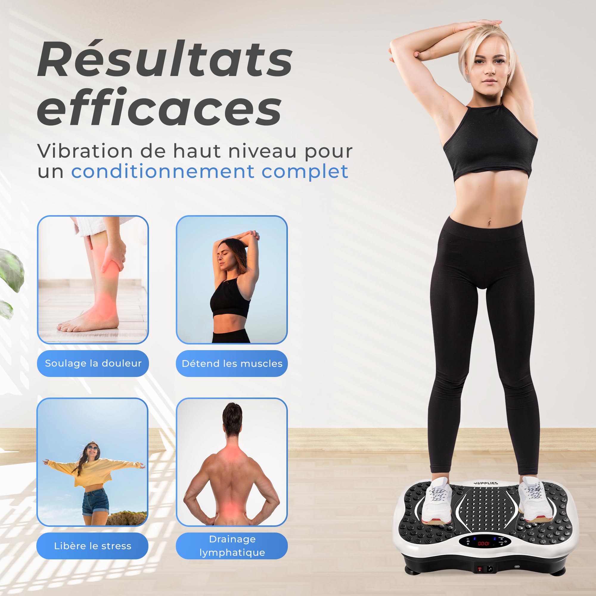JUPPLIES Plateforme Vibrante Fitness 5 Modes 99 Vitesses Bluetooth Télécommande Silencieuse Stable