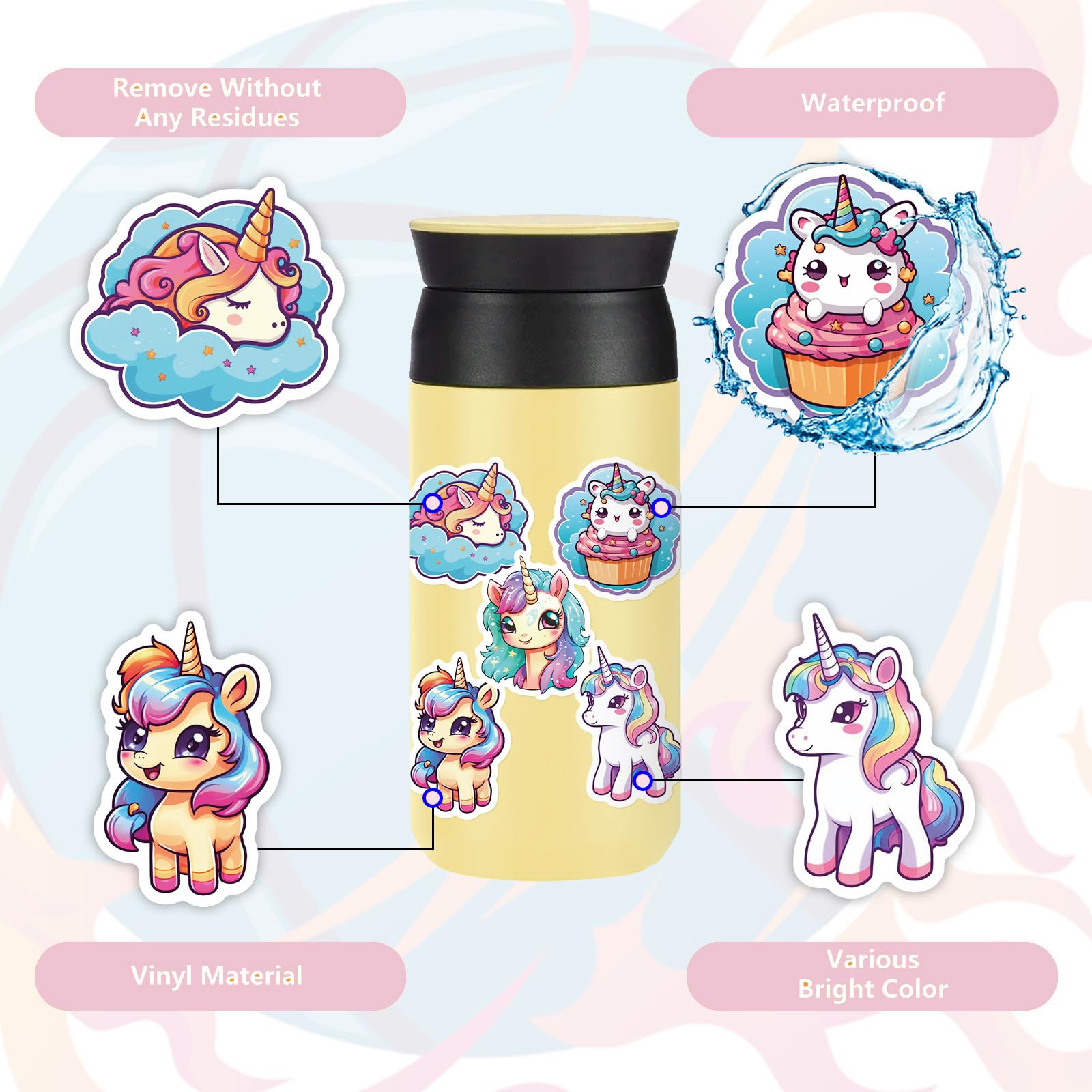 Ychsring Pegatinas de unicornio arcoíris, 50 calcomanías de vinilo impermeables para botella de agua, álbumes de recortes, laptop, diario, bonitas calcomanías de animales kawaii para niñas, niños y
