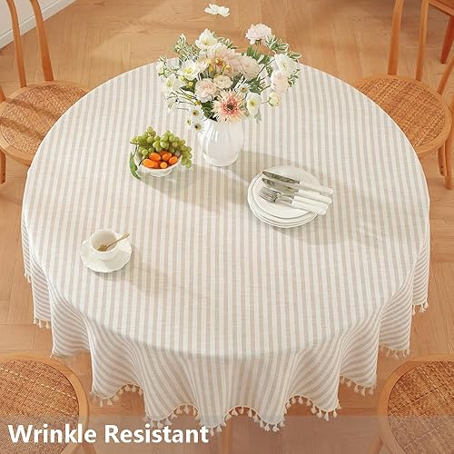 Miniatura 2 de Mantel redondo de lino de algodón de 60 pulgadas, mantel a rayas beige con borlas, manteles bohemios para mesas redondas (redondo, 60 pulgadas,