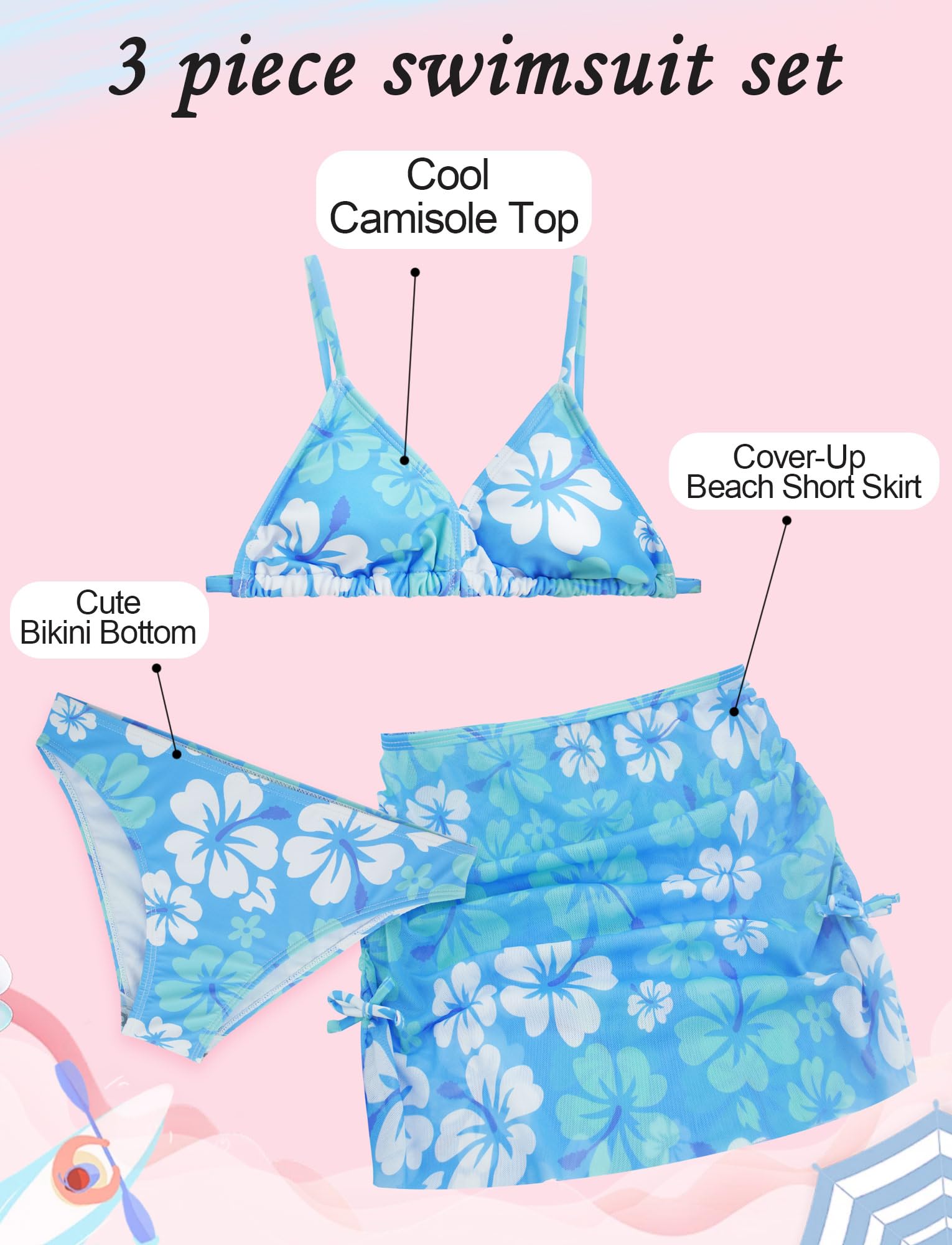 AIEOE Conjunto de 3 trajes de baño con falda para niñas de 8 a 14 años, bikini con estampado floral