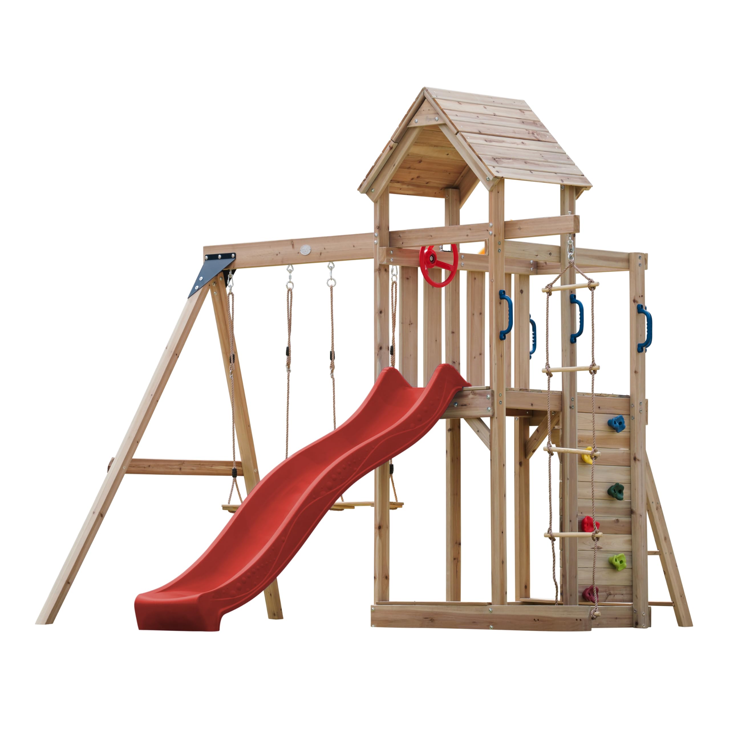AXI Moos Spielturm aus Holz mit 2 Schaukeln & Strickleiter | XXL Spielhaus/Spielplatz für Kinder mit Kletterwand, Sandkasten & Rutsche in Rot | Schaukelgerüst für den Garten