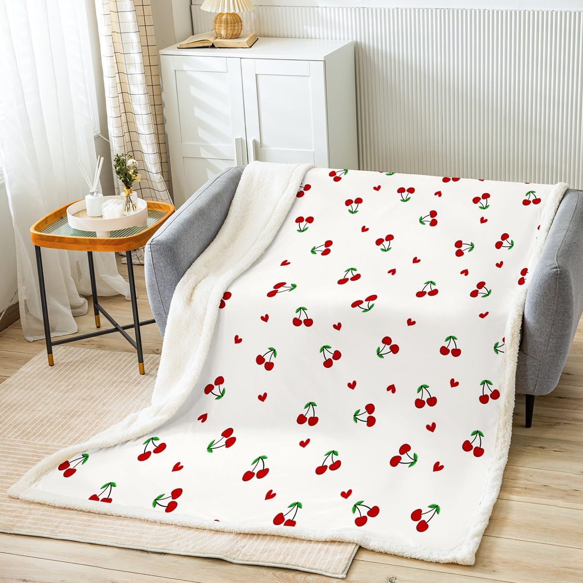 Feelyou Kids Red Cherry Fleece Throw Blanket - Sherpa Pattern for Boys Girls - Cute Fruit Plush for Bed Sofa Couch - Kawaii Cartoon Teens Fuzzy Room