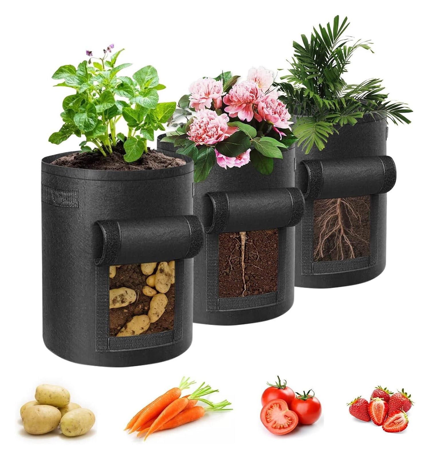 Kartoffelanbau-Säcke, Kartoffel-Pflanzbeutel, 5–10 Gallonen, mehrfarbige Pflanzbeutel for Gemüse, Blumen, Hausgarten(Black,7 Gallon)