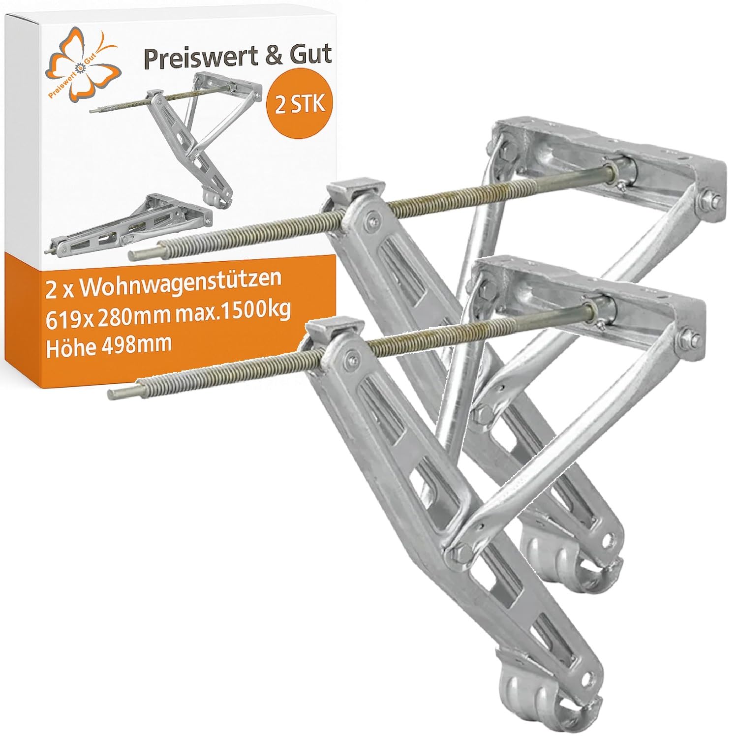 Preiswert & Gut 2X Nivellierstützen für Wohnwagen Anhänger ohne Systemchassis Set höhenverstellbar aus verzinktem Stahl mit Trapezgewinde zur sicheren Abstützung bis 1500 kg je Stütze