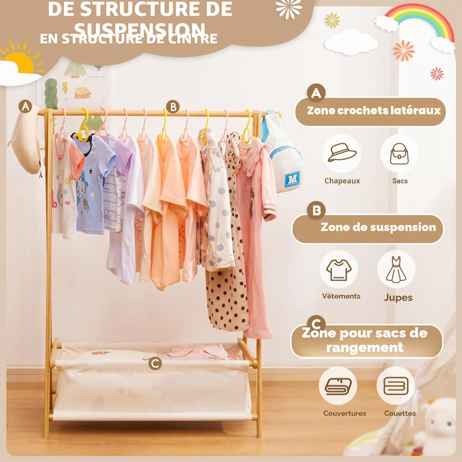 Yorbay Porte-vêtements pour enfants bambou pliable avec boîte de rangement et tringles