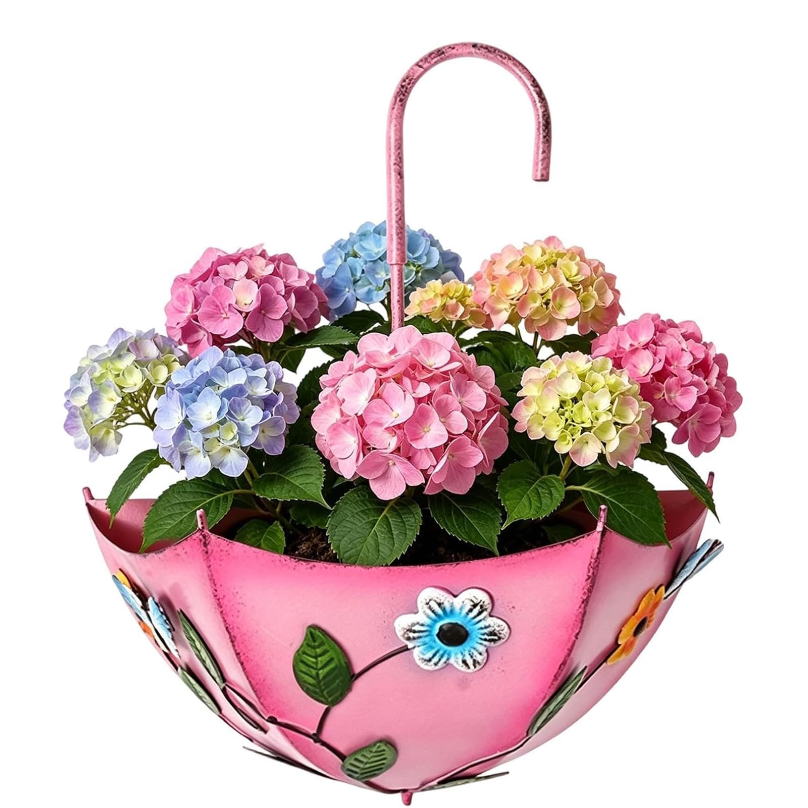 GLSAYZU Inverted Umbrella Wall Planter Outdoor, No-Drill Rustproof Metal Hanging Plant Pot with Drainage, Vintage Decorative Living Wall Planters for Balcony, Patio & Garden Fence (Pink)