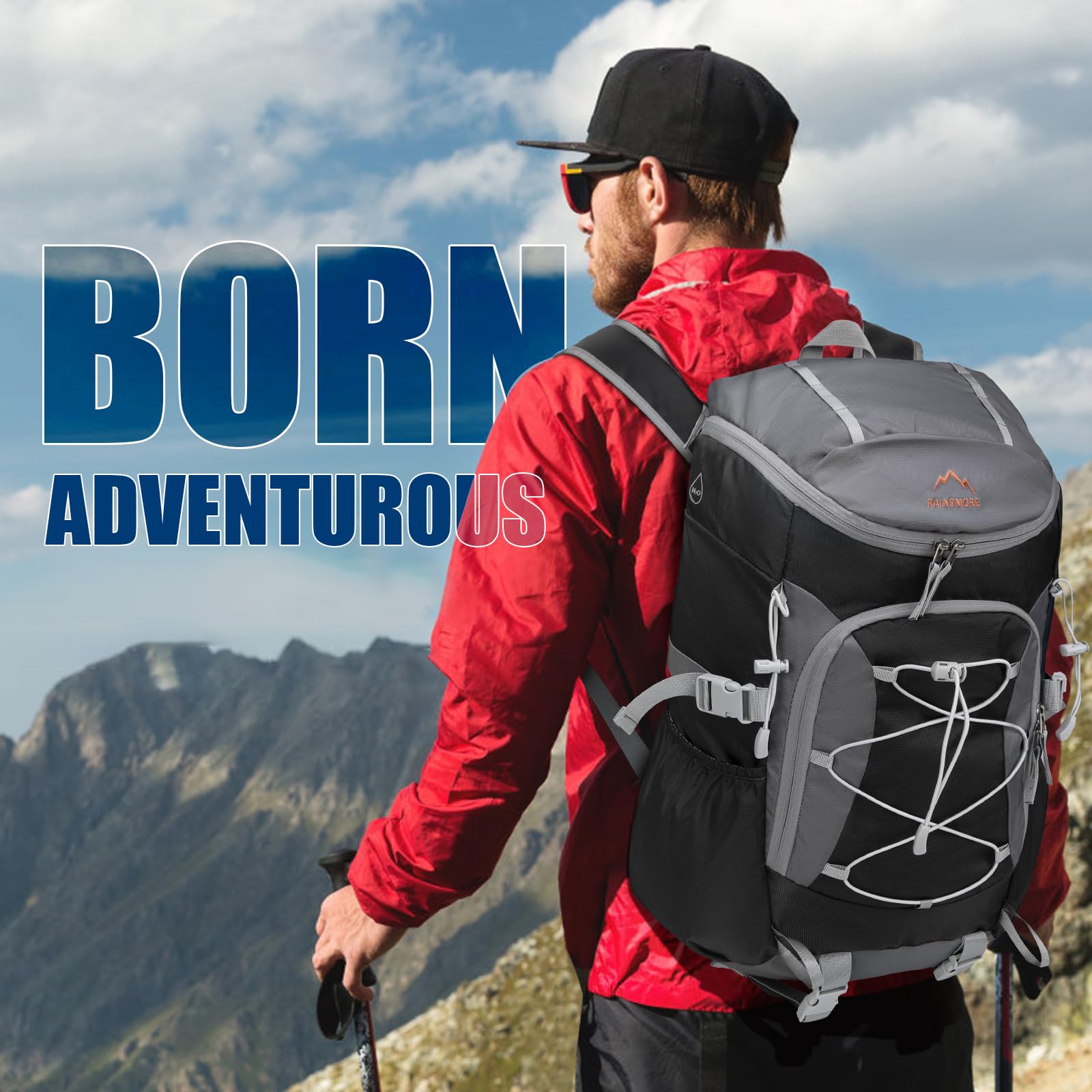 RAINSMORE Plecak turystyczny 40 l, składany, lekki plecak dla mężczyzn z wentylowanym panelem tylnym, wodoodporny plecak podróżny, plecak na spacery, kemping, trekking, jazdę na rowerze na świeżym