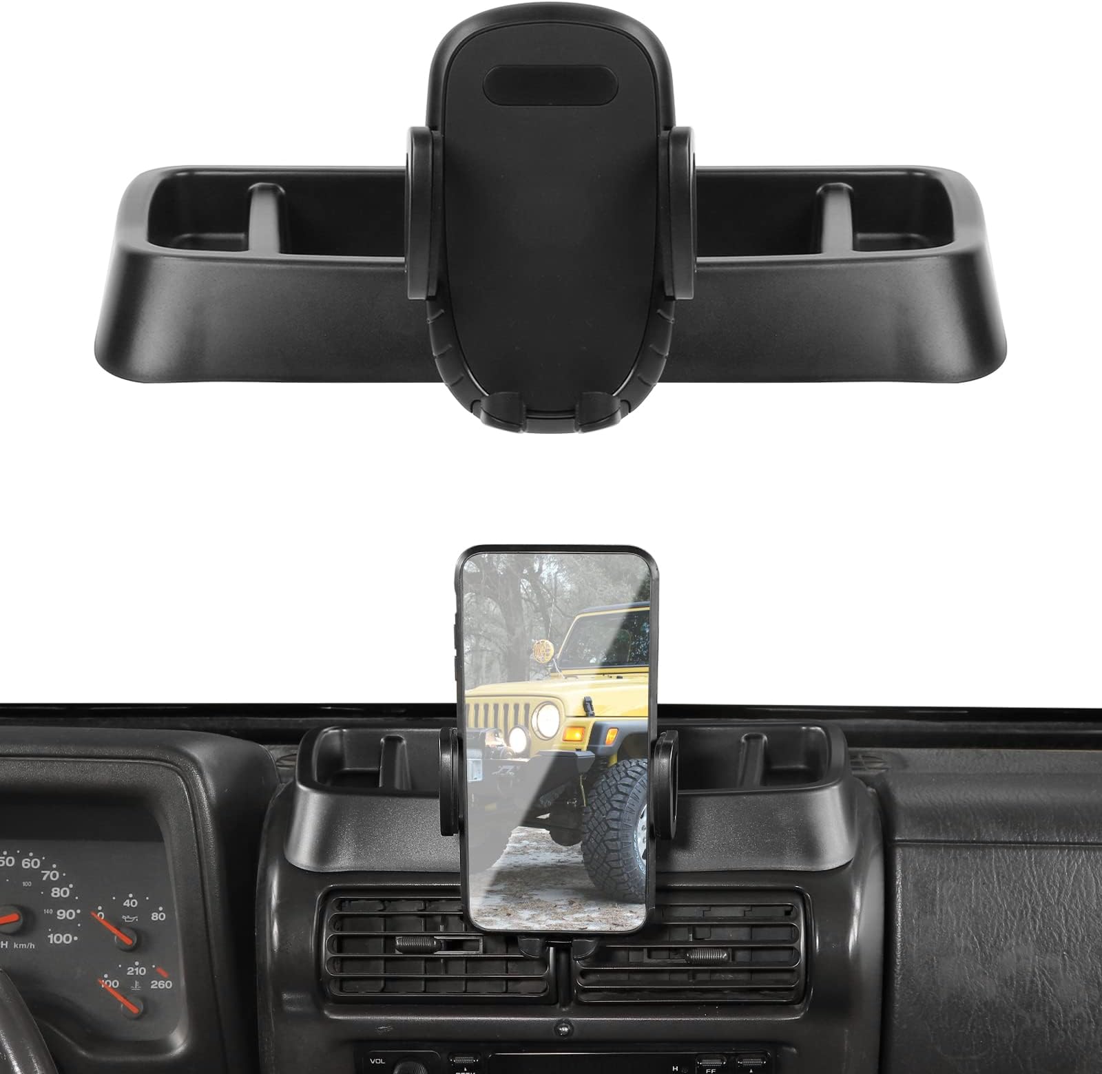 TJ Phone Holder Upgrade Dash Cellphone Mount with Storage Tray Interior Accessories Compatible with Jeep Wrangler TJ 1997-2006