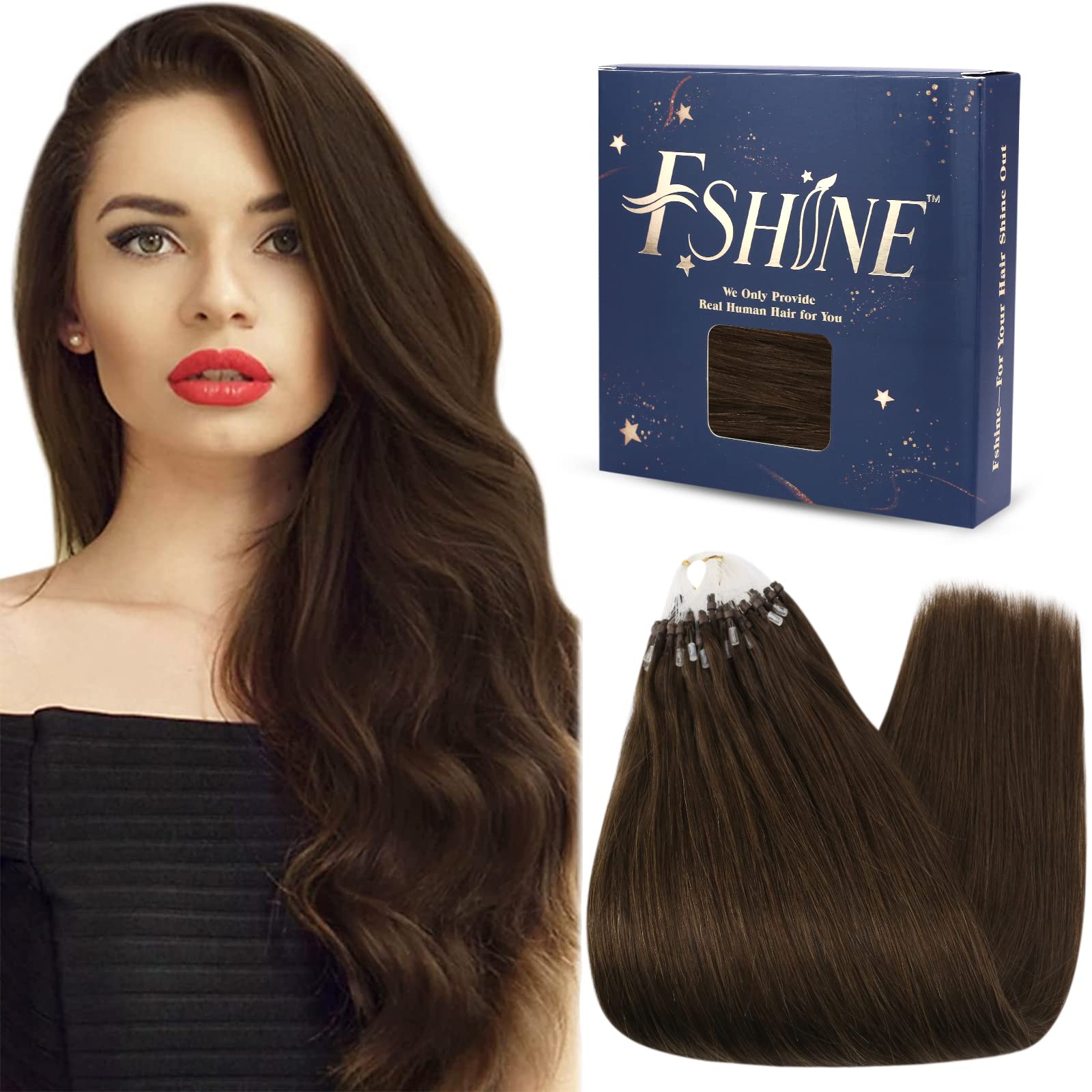 Fshine Microlink Hair Extensions Human Hair 18 Inch Real Human Hair Extensions Micro Ring 1g/Strand Medium Brown Hair Extension Micro Loop 50 Gram Pre Bonded Hair Extensions