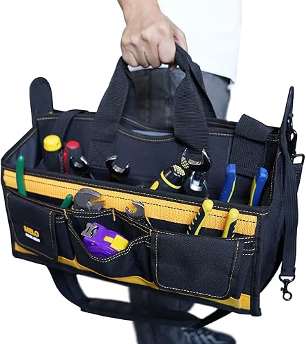 Miniatura 8 de MELOTOUGH Bolsa de herramientas para electricista con correa de hombro de 17 pulgadas, bolsa de herramientas HAVC, portador de herramientas superior