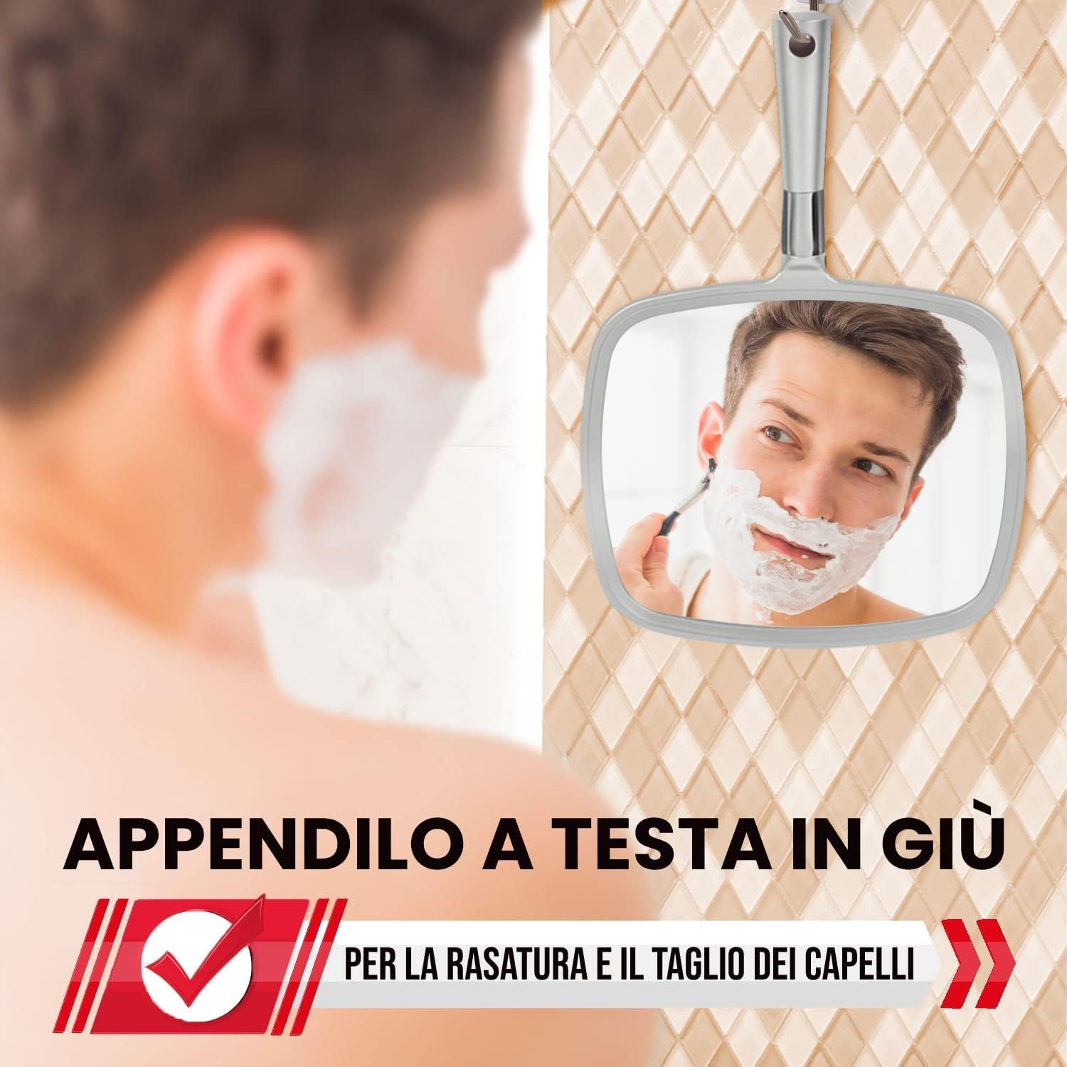 Mirrorvana Specchio a mano portatile grande per trucco con manico ergonomico - specchio cosmetico argento